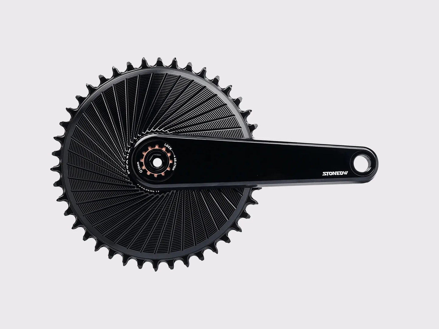 Pédalier mono-plateau Stone Aero noir usiné CNC en aluminium 7075-T651 avec manivelle et axe SRAM DUB sur fond blanc. (Noir)