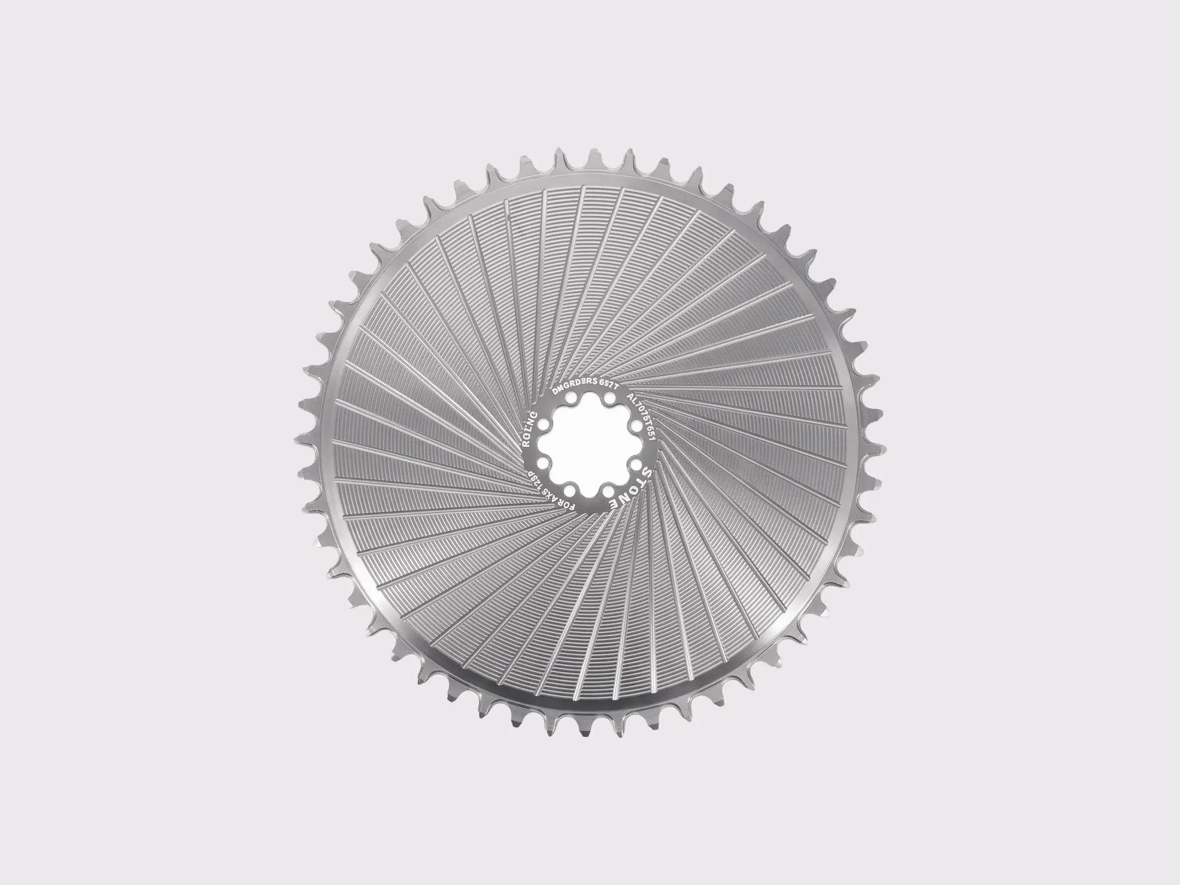 Plateau Stone Aero 65 dents argent brillant chrome pour SRAM AXS Road 12 et 13 vitesses, montage direct 8 vis, vue de face complète, usinage CNC visible. (Argent)