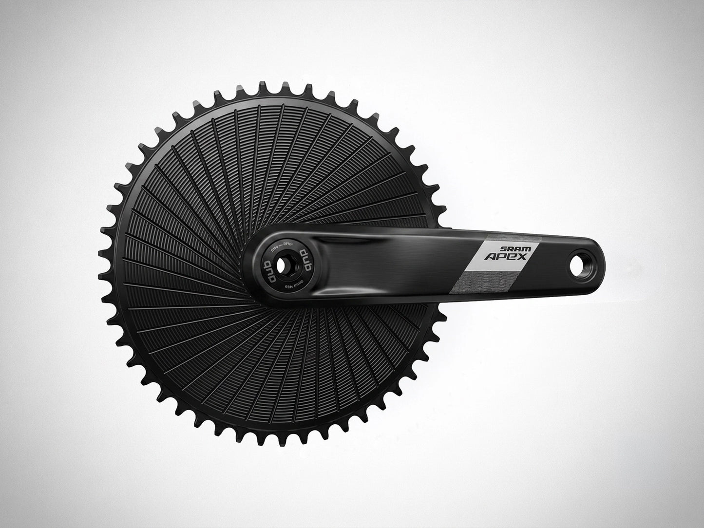 Plateau Stone Aero noir 52 dents monté sur une manivelle de pédalier SRAM Apex DUB, montage direct 8 vis, vue de profil trois quarts face.