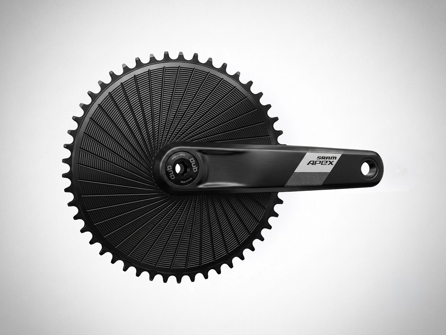 Plateau Stone Aero noir 52 dents monté sur une manivelle de pédalier SRAM Apex DUB, montage direct 8 vis, vue de profil trois quarts face.
