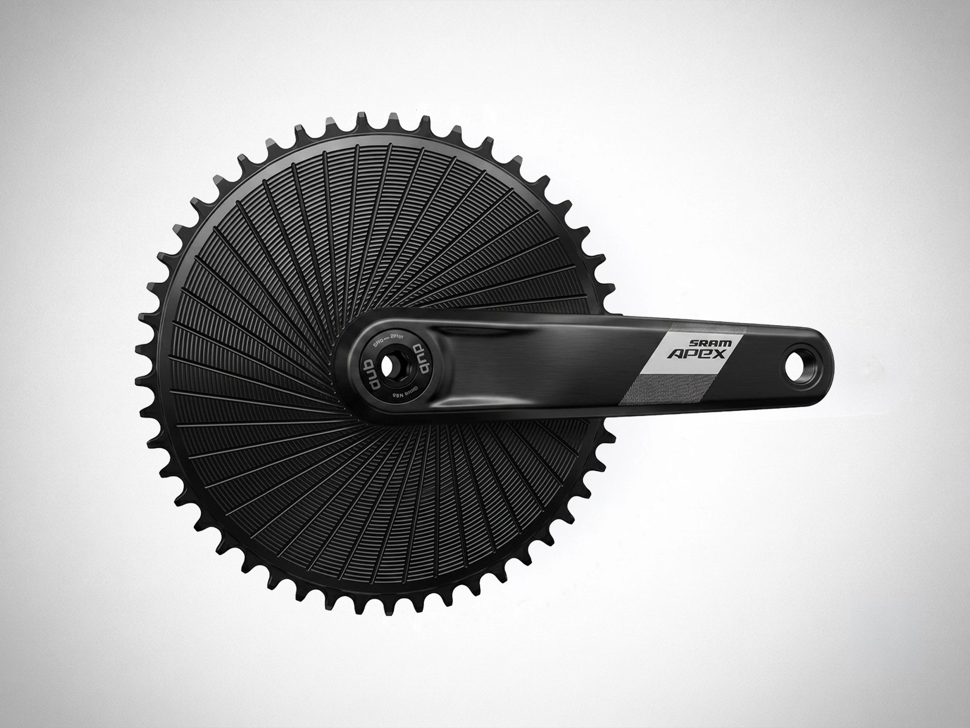 Plateau Stone Aero noir 52 dents monté sur une manivelle de pédalier SRAM Apex DUB, montage direct 8 vis, vue de profil trois quarts face.