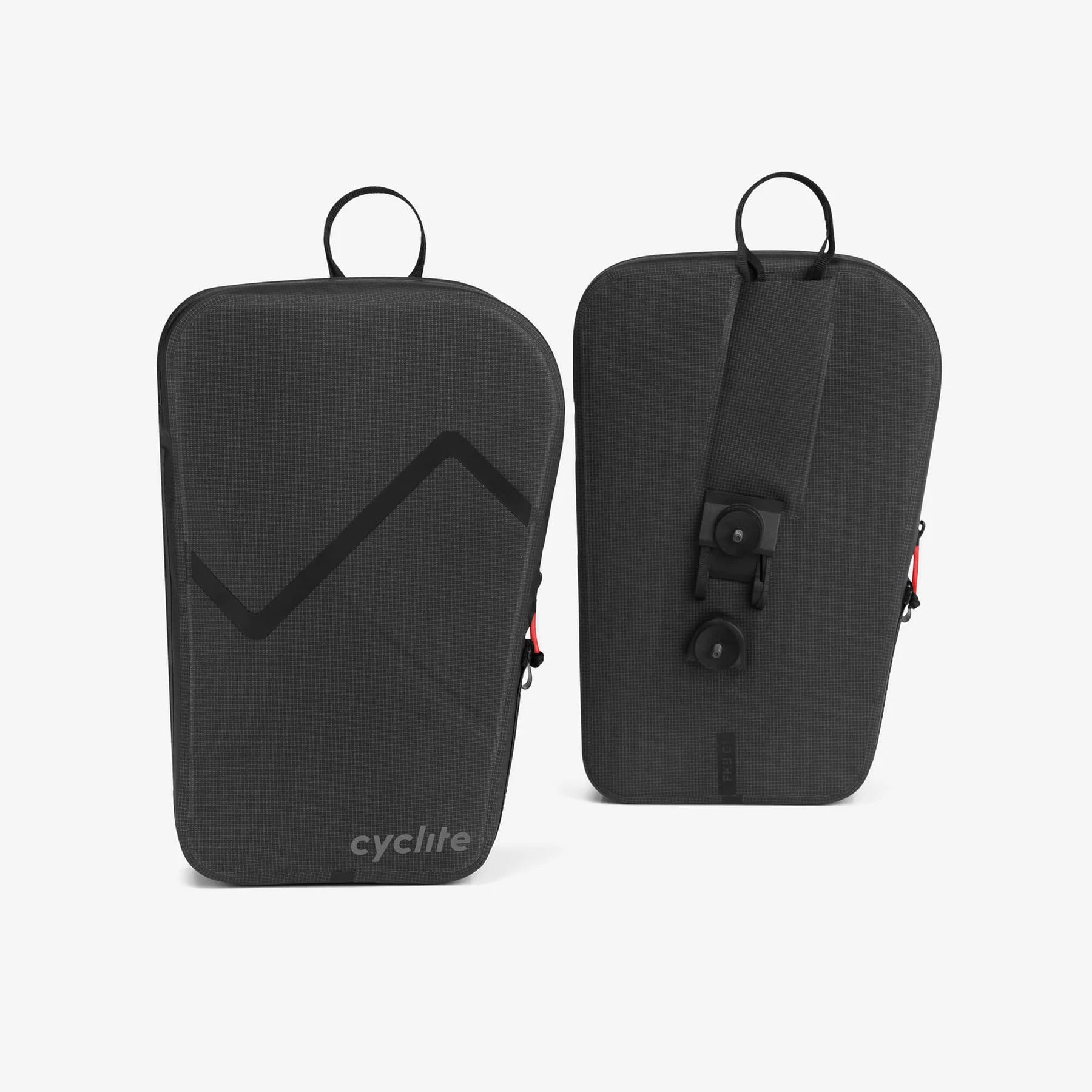 Sacoches de fourche étanches Cyclite Fork Bag 01 noires vues de face et de dos montrant l'interface de montage (Noir)