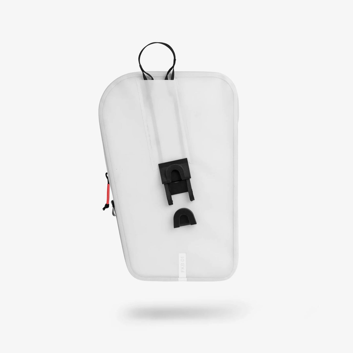 Dos de la sacoche de fourche étanche Cyclite Fork Bag 01 blanche mettant en évidence les crochets de verrouillage (Blanc)
