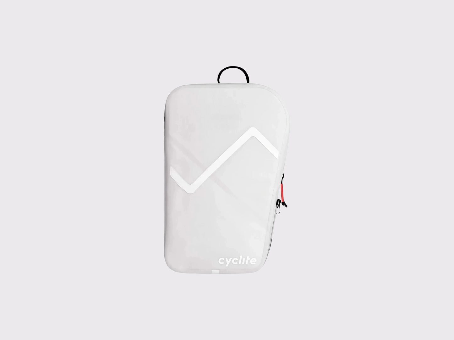 Vue de profil de la sacoche de bikepacking blanche Cyclite Fork Bag 01 avec bande réfléchissante latérale (Blanc)