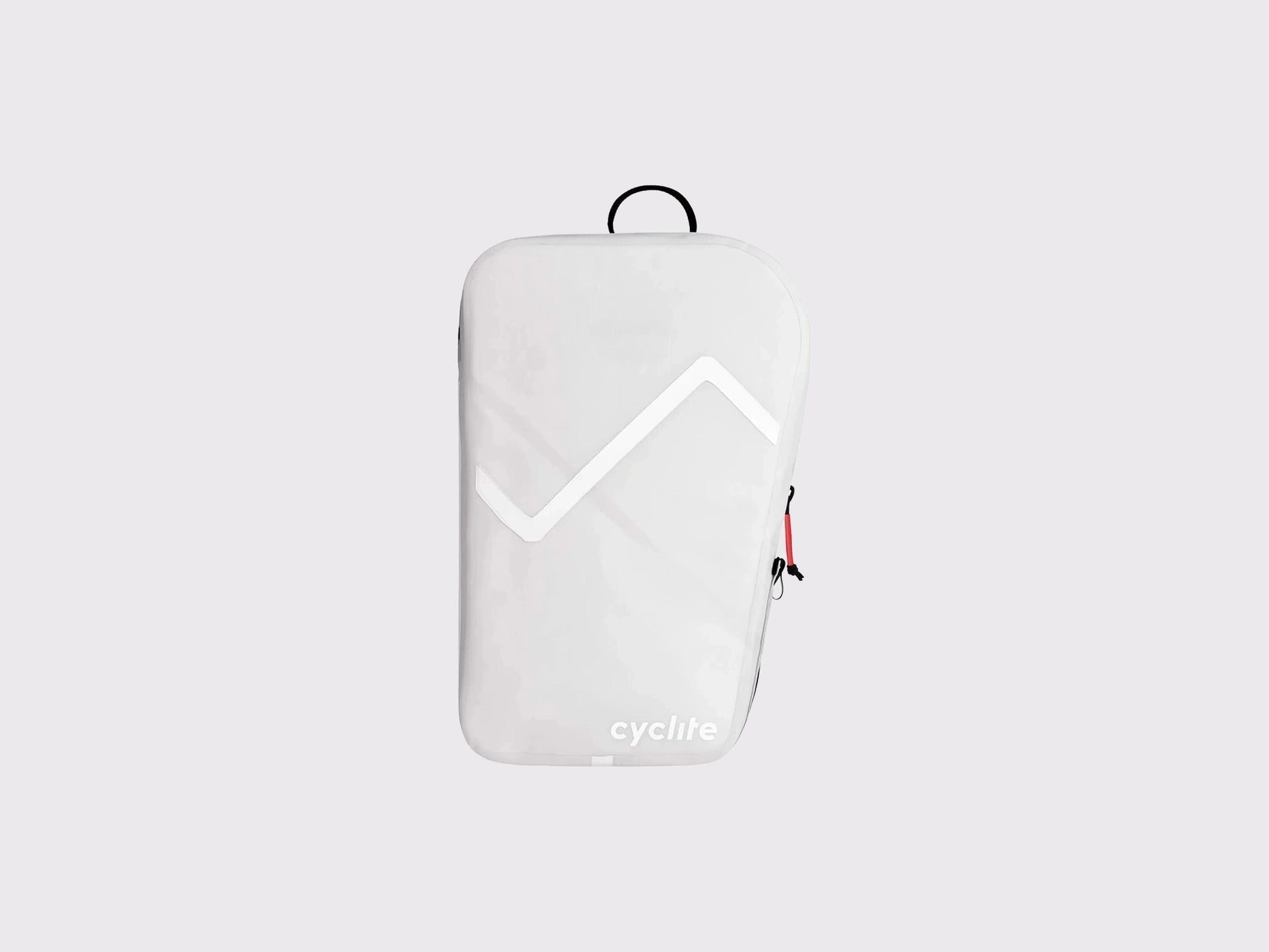 Vue de profil de la sacoche de bikepacking blanche Cyclite Fork Bag 01 avec bande réfléchissante latérale (Blanc)
