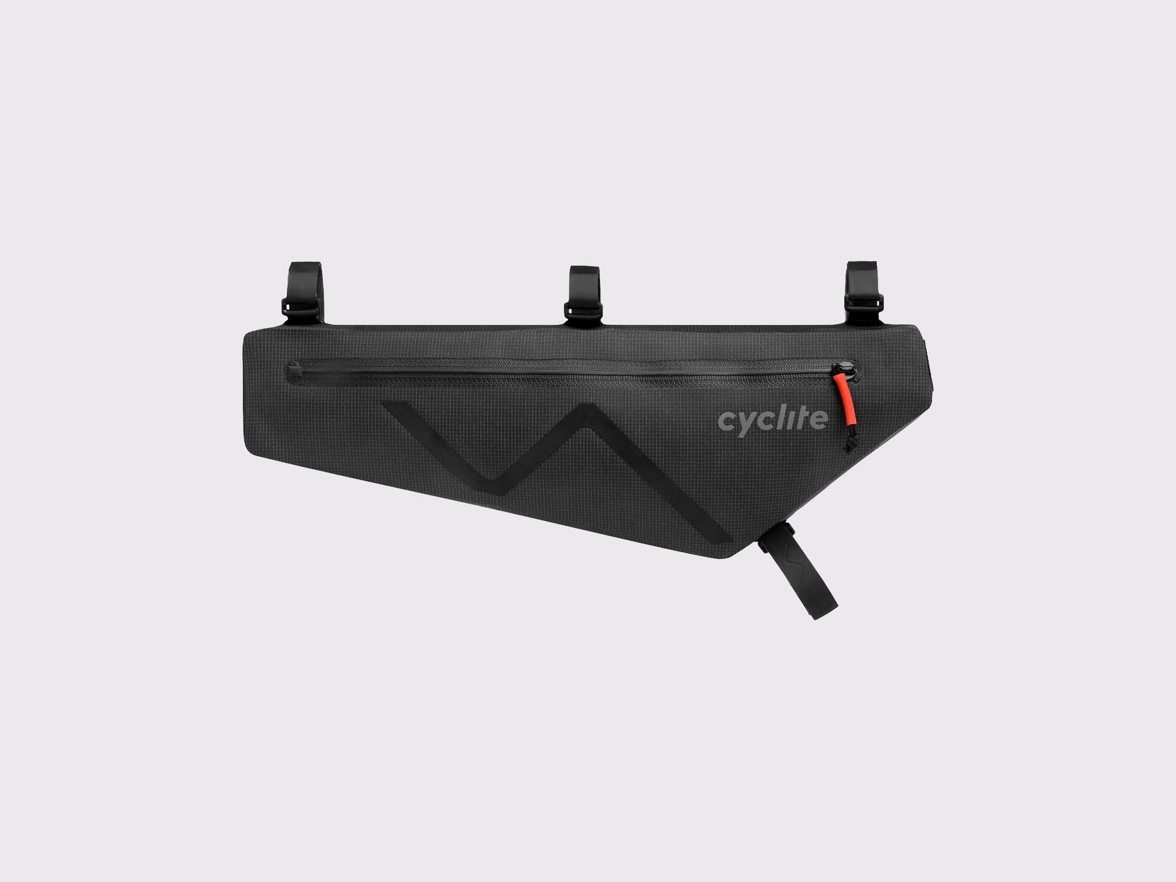 Vue latérale de la sacoche de cadre Cyclite Frame Bag 02 coloris noir avec fermeture éclair scellée, logo réfléchissant et sangles de fixation supérieures. (Noir)