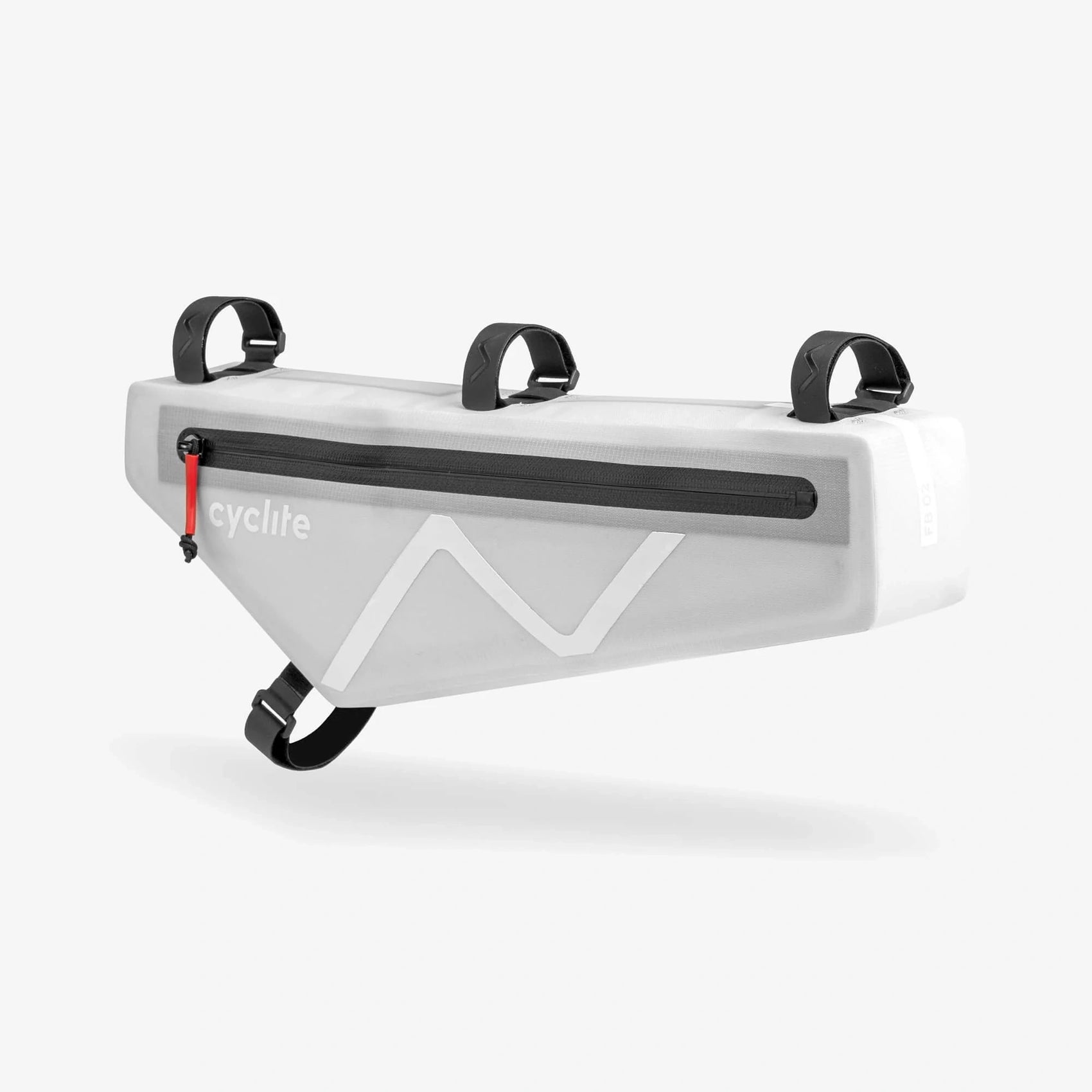 Vue de trois quarts de la sacoche de cadre Cyclite Frame Bag 02 coloris gris clair (Light Grey) avec détails graphiques réfléchissants et zips étanches contrastés. (Blanc)