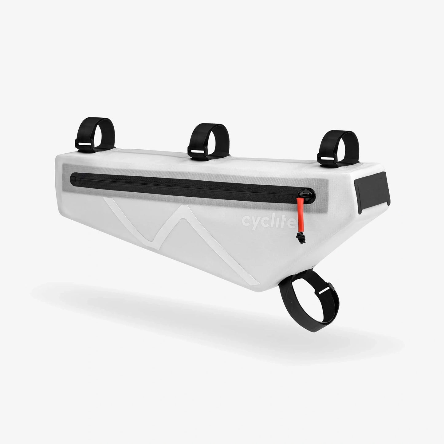 Vue perspective de la sacoche Cyclite Frame Bag 02 gris clair mettant en valeur la fixation périmétrique par bandes auto-agrippantes et le renfort de paroi arrière. (Blanc)