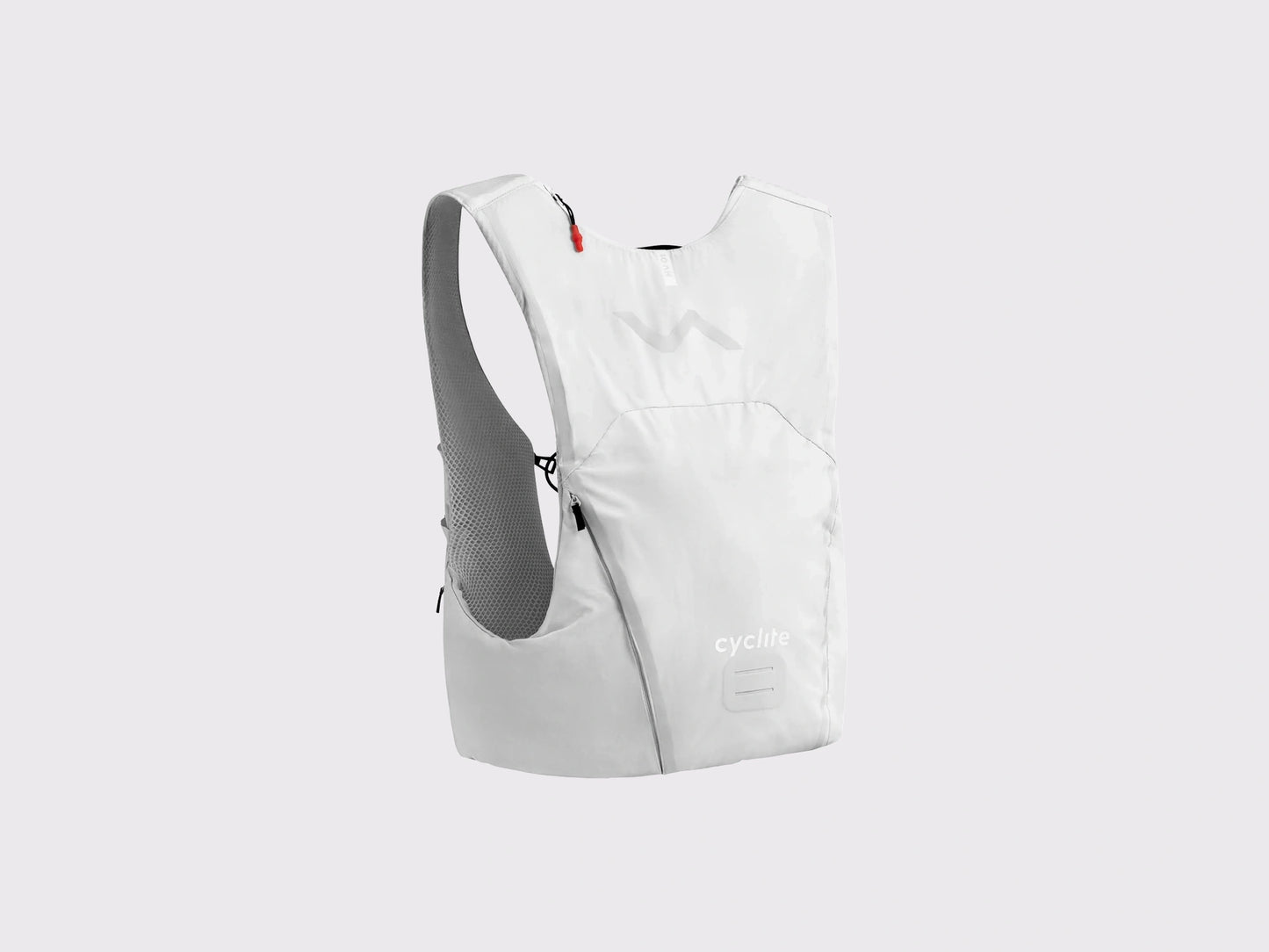 Gilet hydratation gravel Cyclite Hydration Vest 01 blanc vue de dos avec compartiment zippé et support éclairage.