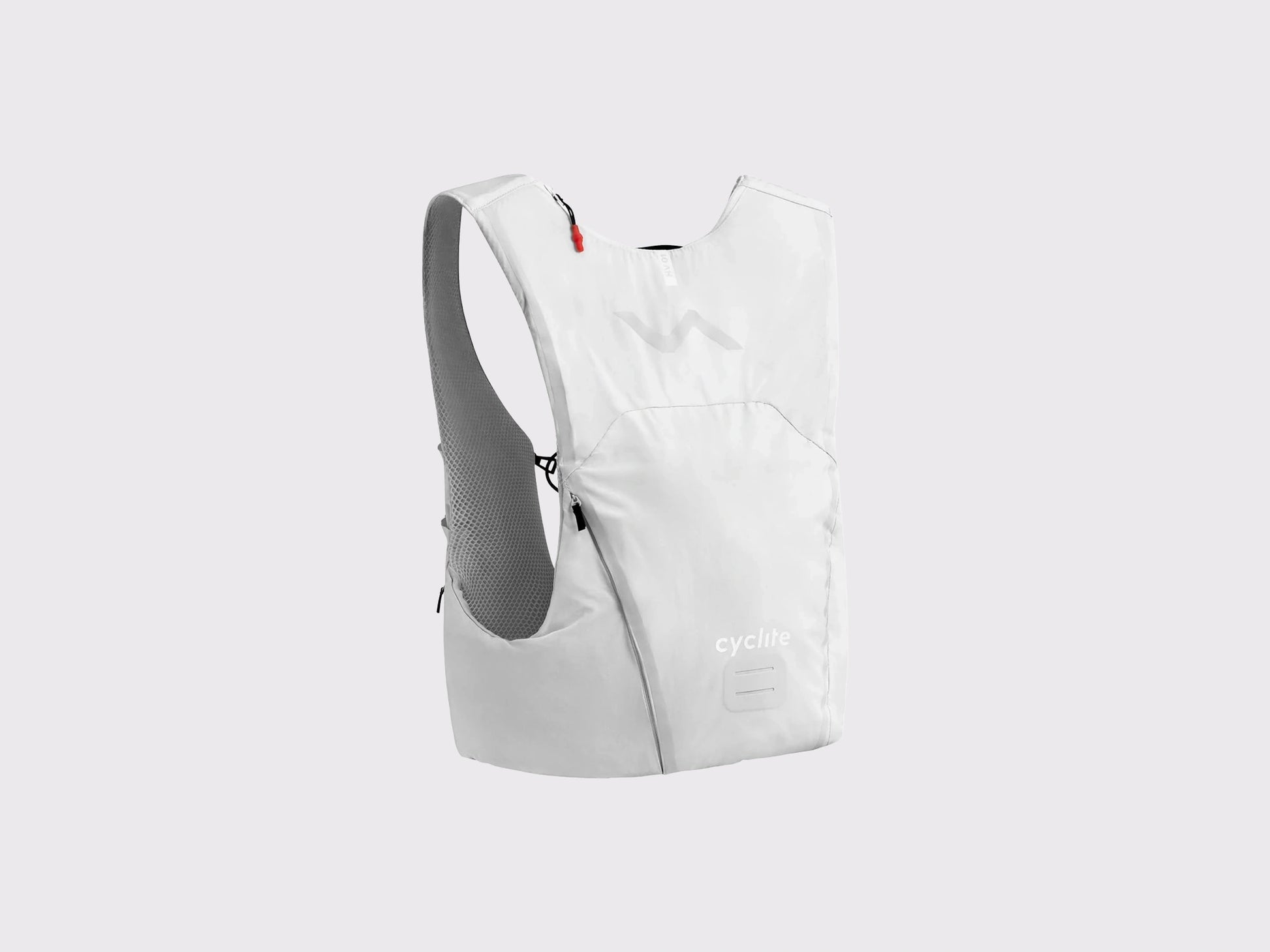 Gilet hydratation gravel Cyclite Hydration Vest 01 blanc vue de dos avec compartiment zippé et support éclairage.