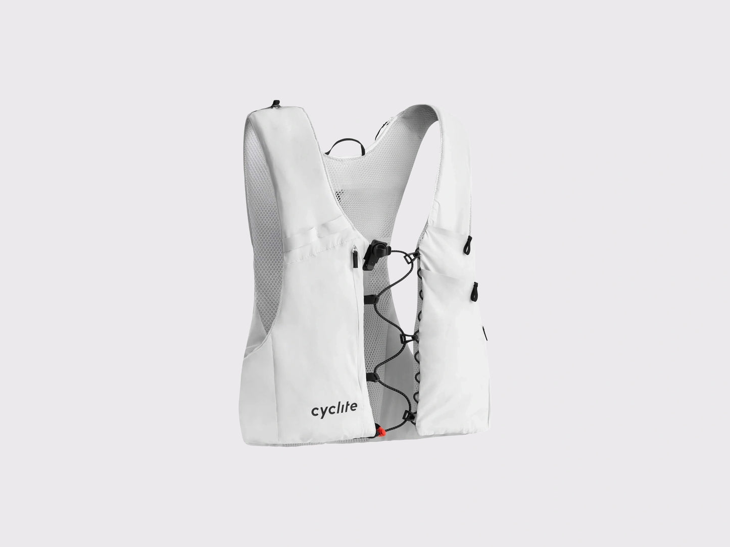 Veste hydratation cyclisme Cyclite Hydration Vest 01 blanc vue de face avec sangles pectorales et poches bretelles.