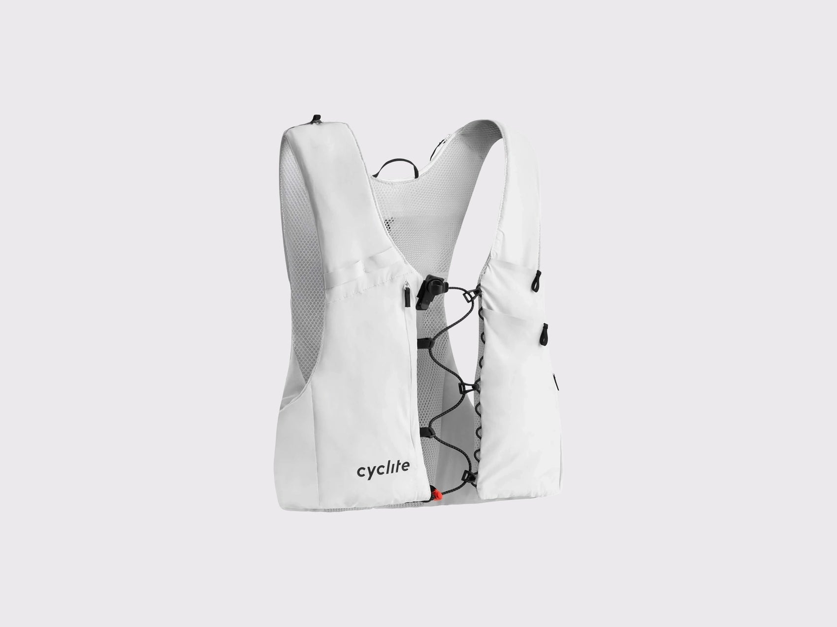 Veste hydratation cyclisme Cyclite Hydration Vest 01 blanc vue de face avec sangles pectorales et poches bretelles.