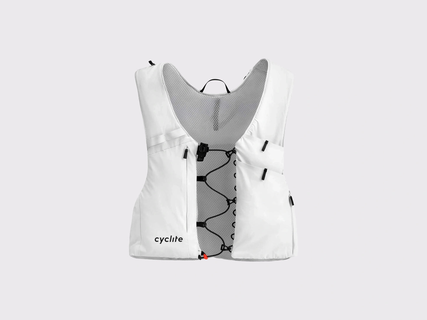 Gilet poche à eau vélo Cyclite Hydration Vest 01 blanc à plat montrant la structure en mesh 3D respirant.