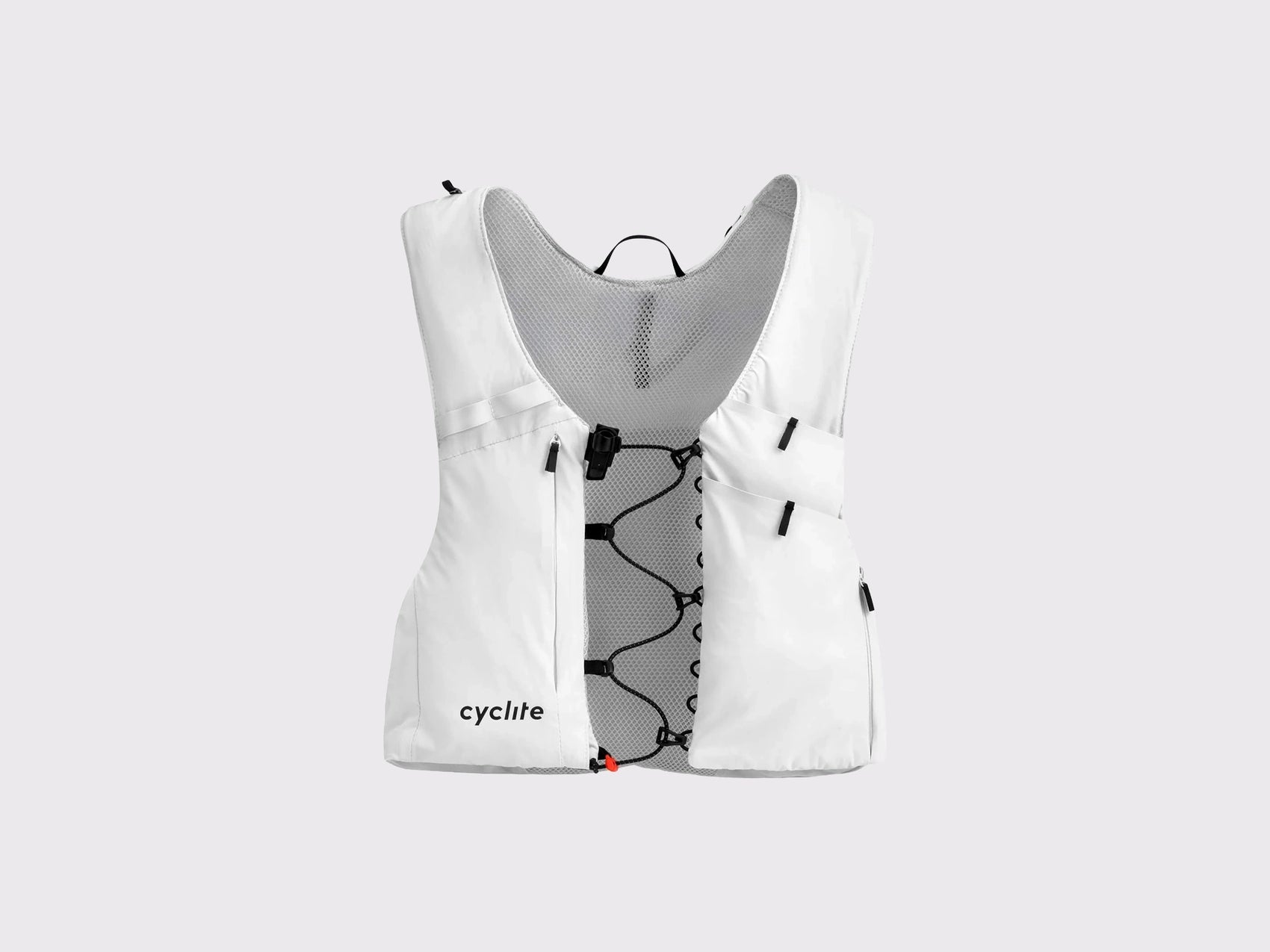 Gilet poche à eau vélo Cyclite Hydration Vest 01 blanc à plat montrant la structure en mesh 3D respirant.