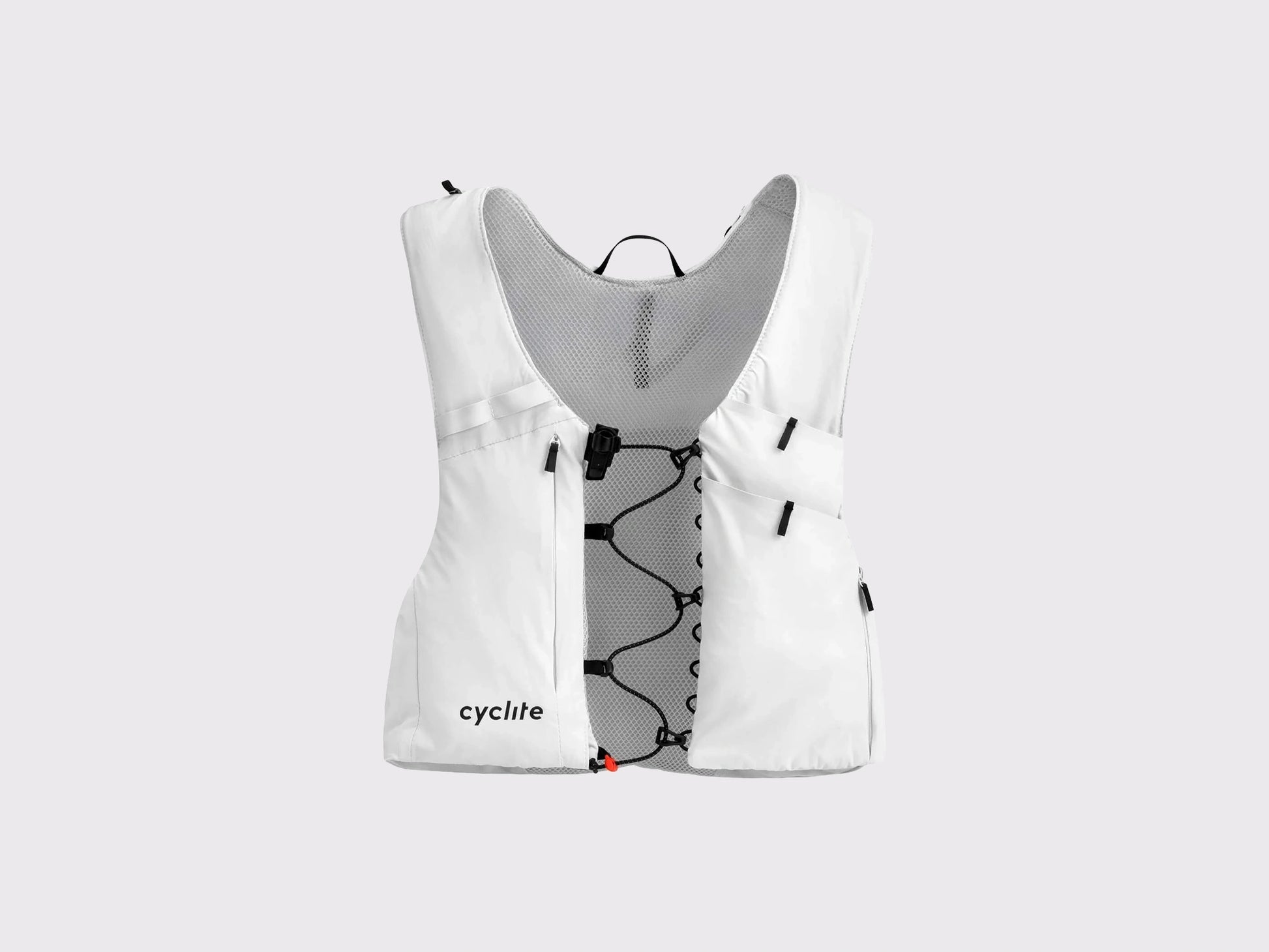 Gilet poche à eau vélo Cyclite Hydration Vest 01 blanc à plat montrant la structure en mesh 3D respirant.