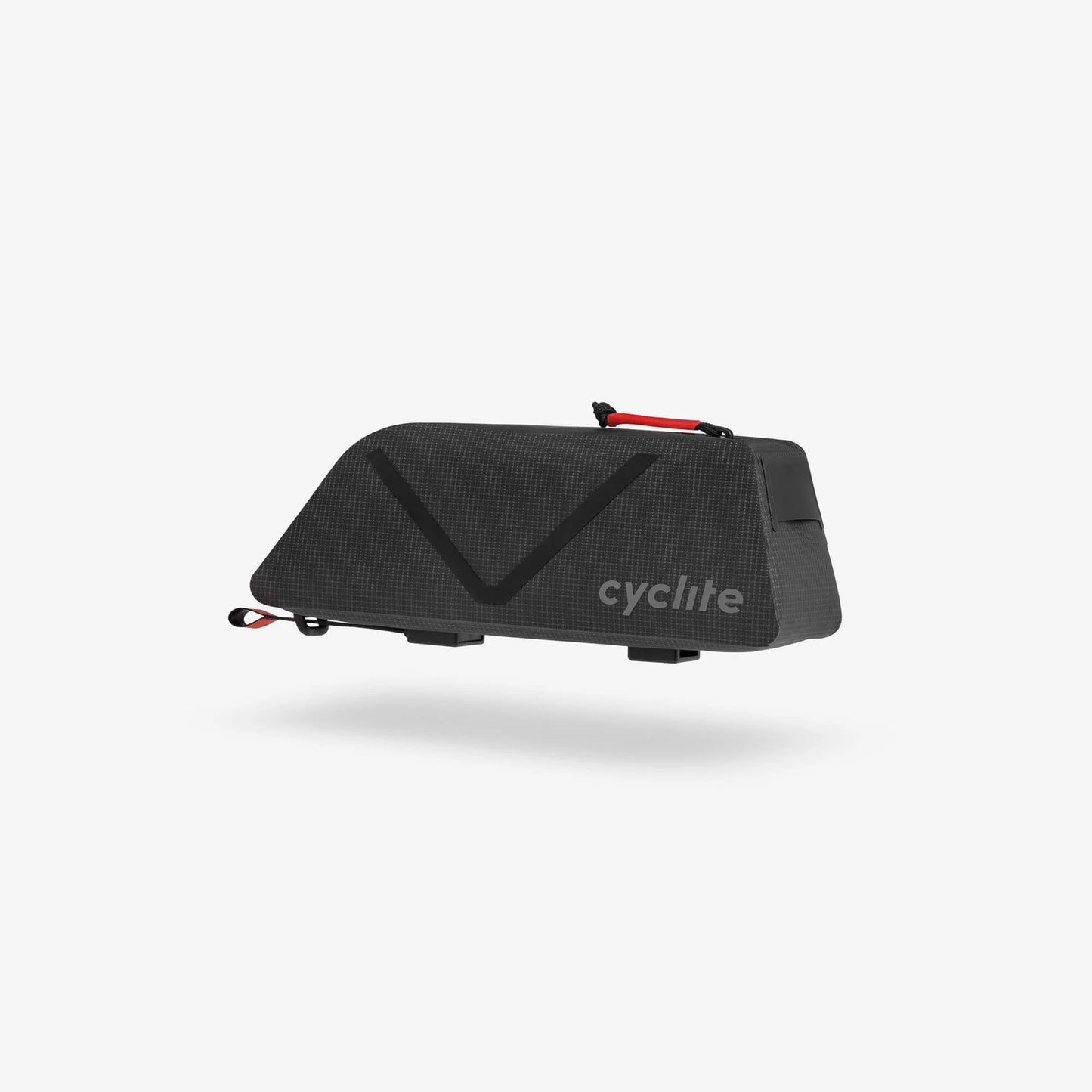 Sacoche de tube supérieur Cyclite Top Tube Bag Nano 01 noire, vue de trois-quarts, profil aérodynamique et fermeture éclair étanche avec tirette rouge. (Noir)