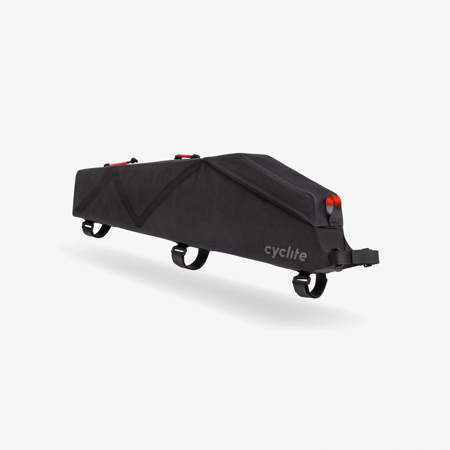 Sacoche tube supérieur CYCLITE Top Tube Bag Large 02 noire avec sangles de fixation amovibles sur fond blanc. (Noir)
