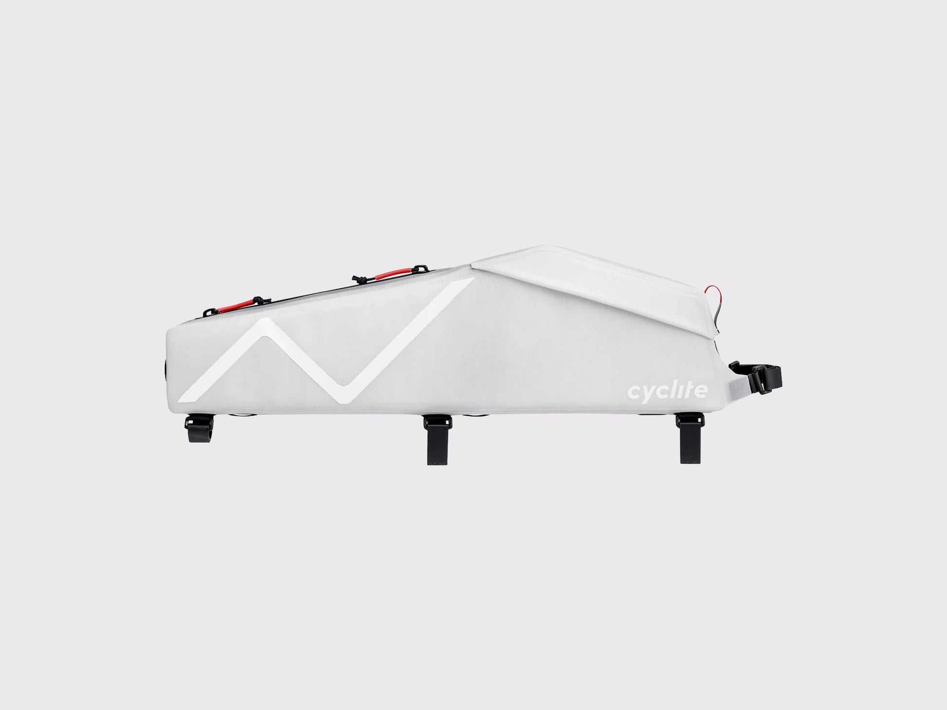Profil complet de la sacoche de cadre étanche CYCLITE Top Tube Bag Large 02 blanche avec motifs réfléchissants. (Blanc)