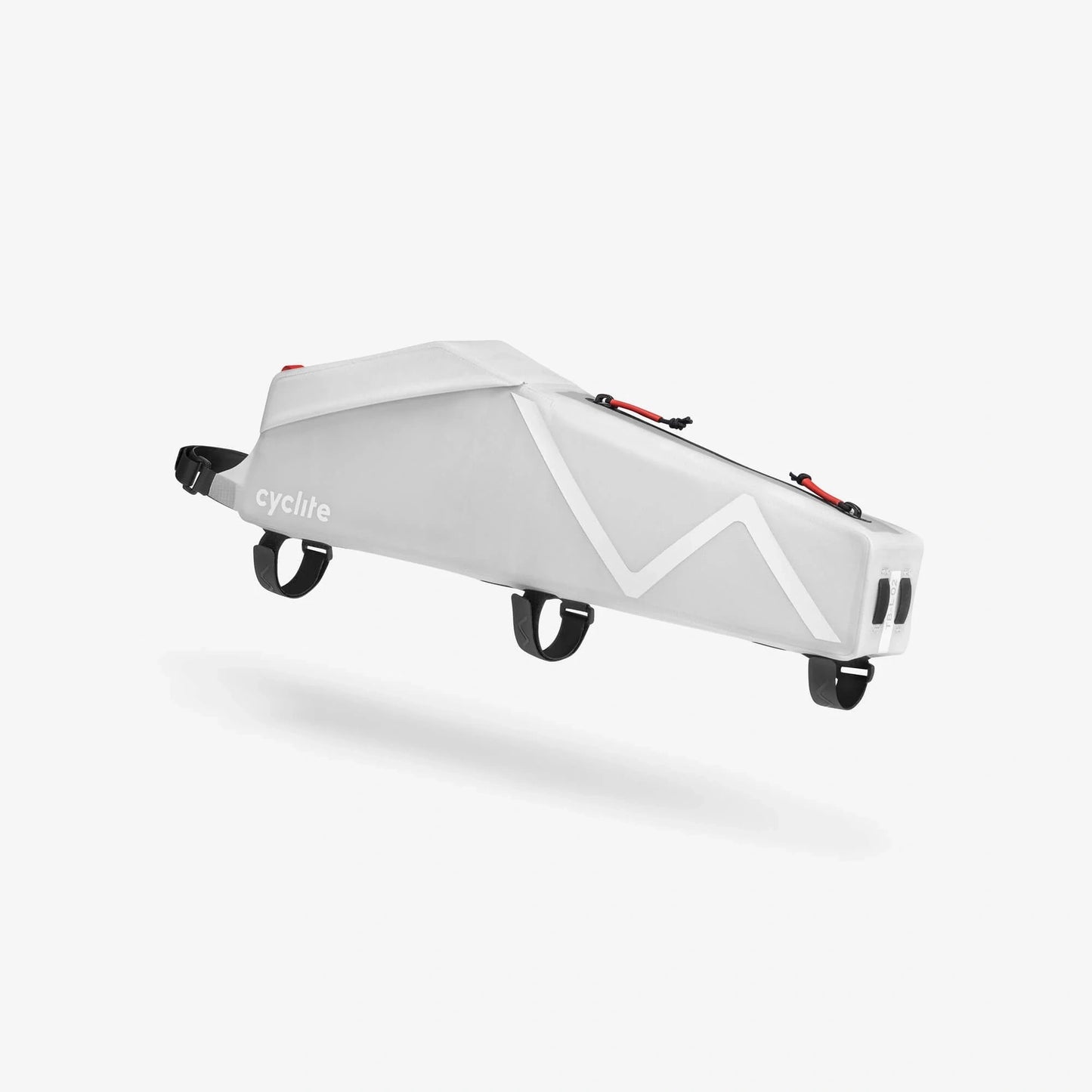 Perspective trois-quarts de la sacoche bikepacking blanche CYCLITE Top Tube Bag Large 02 et ses trois points d'ancrage. (Blanc)