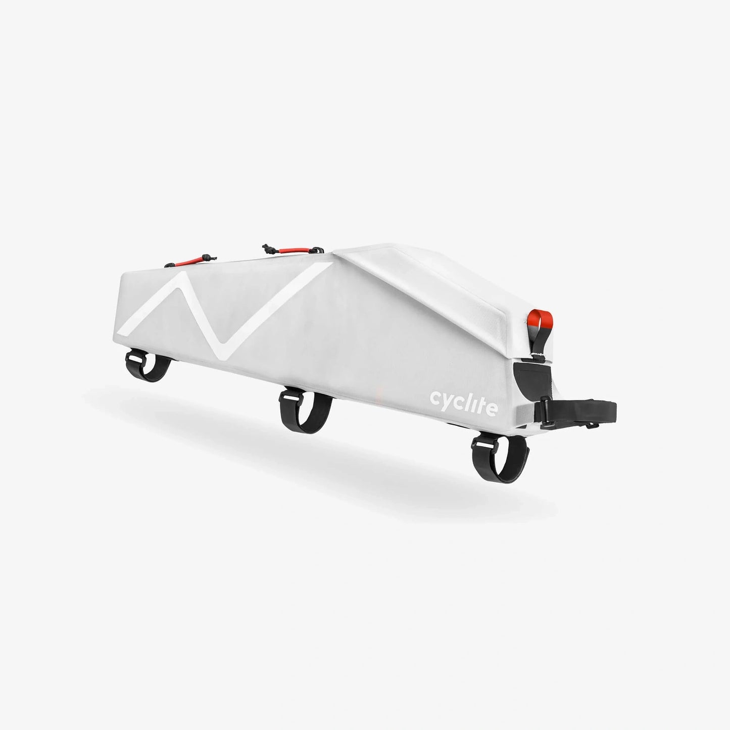 Vue arrière de la sacoche top tube blanche CYCLITE mettant en évidence la forme effilée anti-frottement. (Blanc)