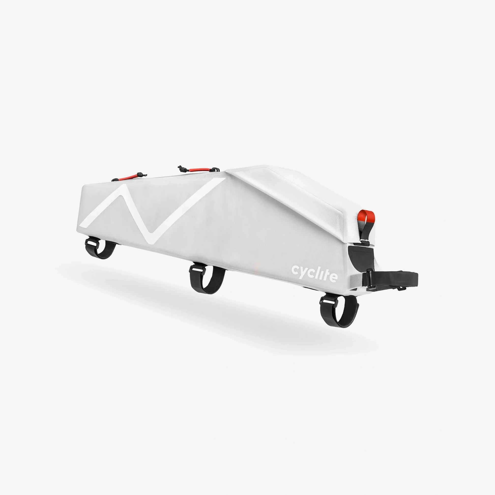 Vue arrière de la sacoche top tube blanche CYCLITE mettant en évidence la forme effilée anti-frottement. (Blanc)