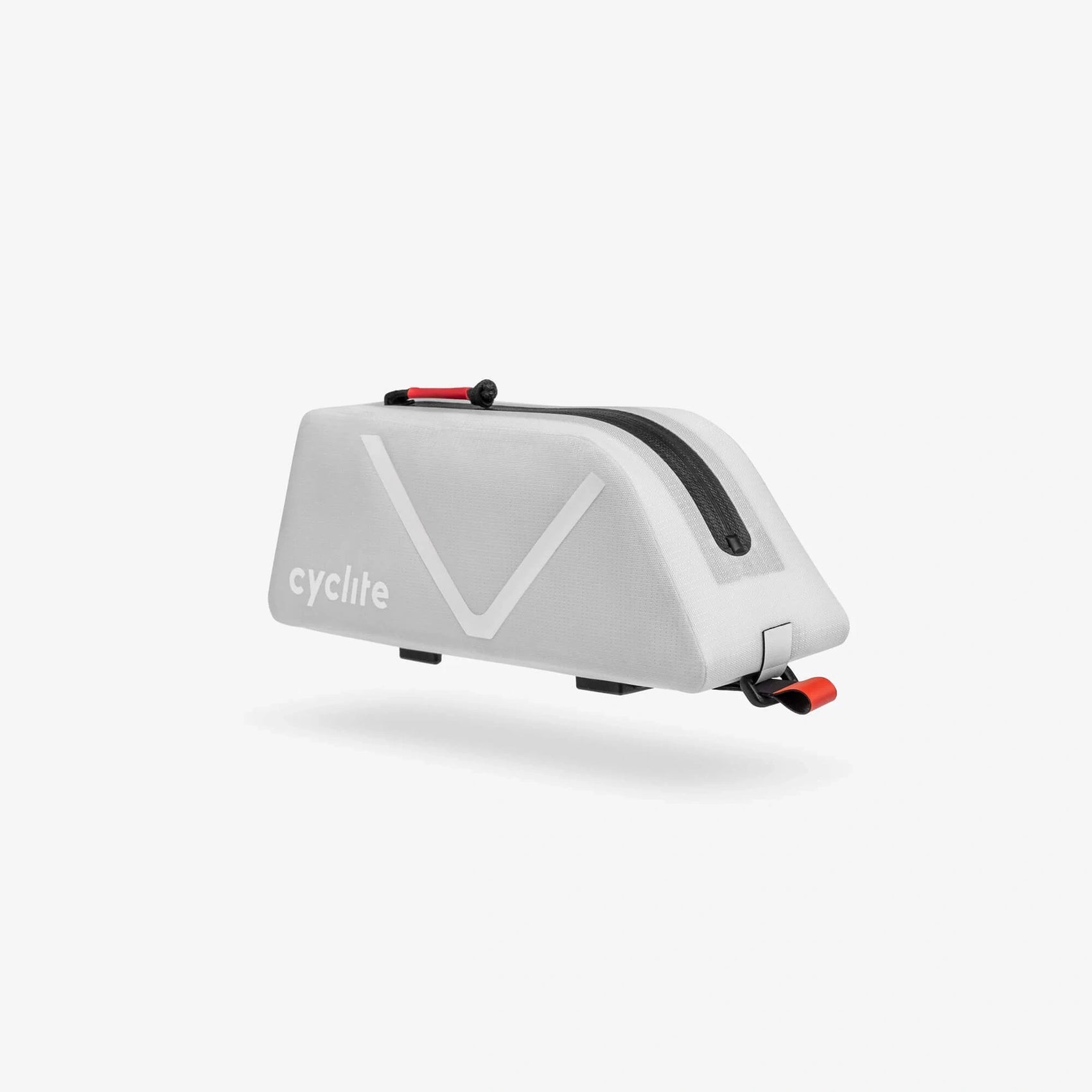 Sacoche aérodynamique pour cadre de vélo Cyclite blanche, vue de trois-quarts arrière mettant en évidence la structure étroite anti-frottement des genoux. (Blanc)