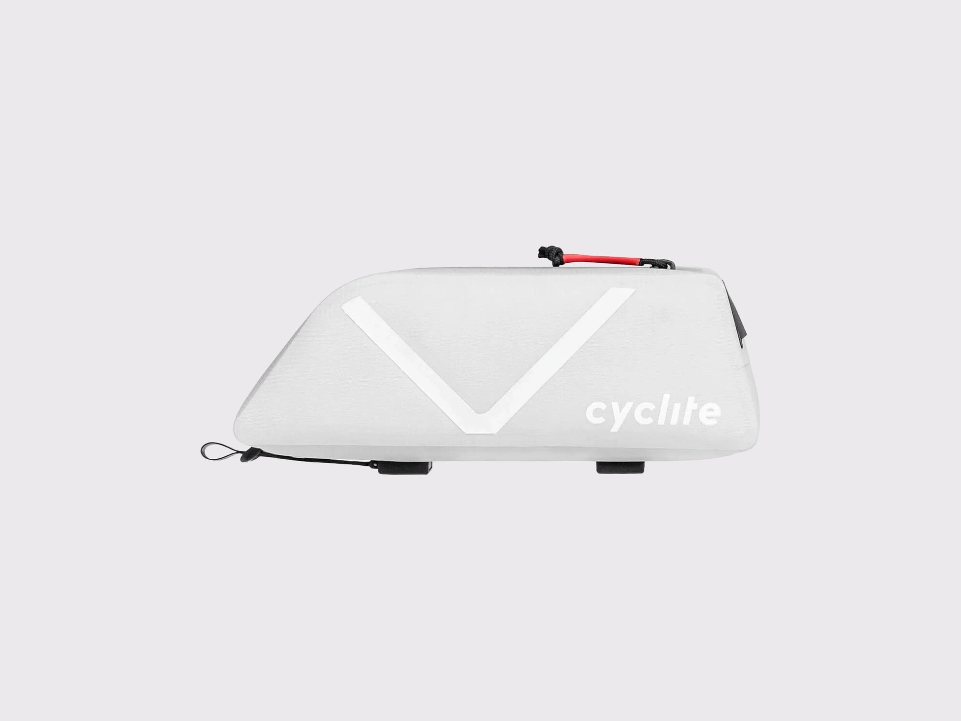 Sacoche top tube de bikepacking Cyclite Top Tube Bag Nano 01 blanche, vue de profil horizontal, éléments graphiques réfléchissants blancs et plots de fixation inférieurs. (Blanc)