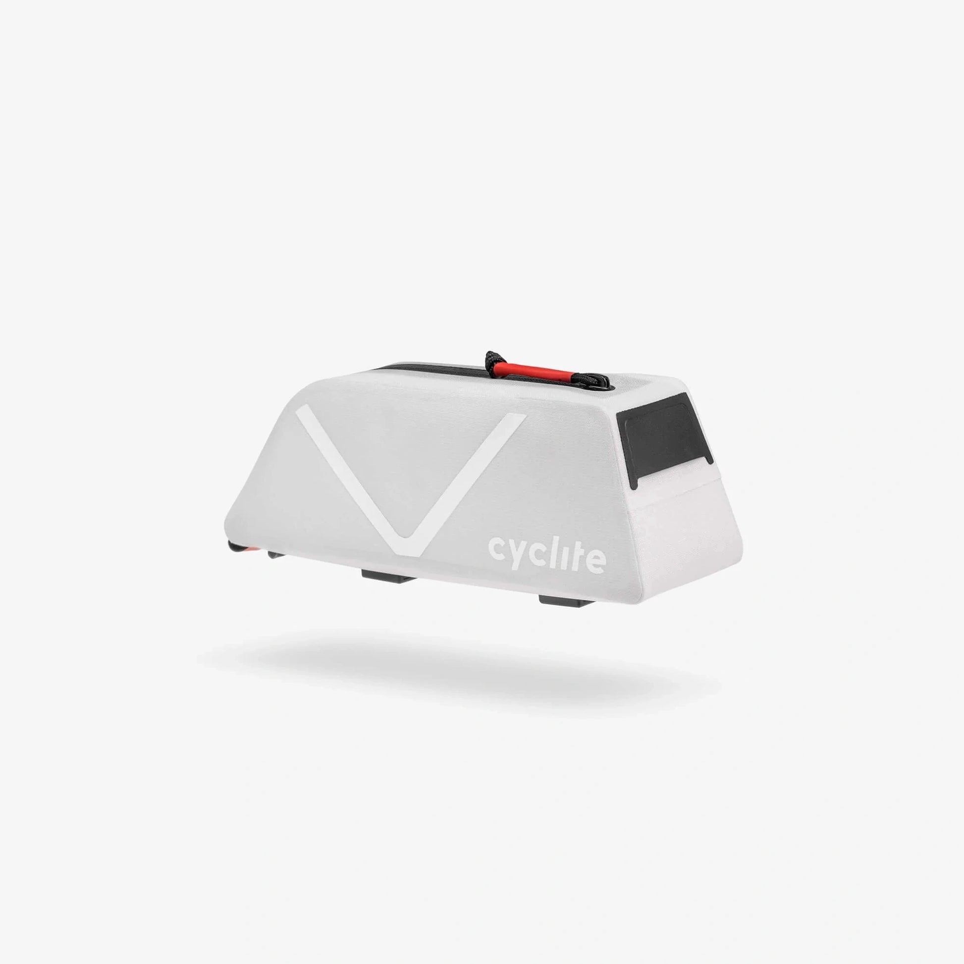 Sacoche de tube supérieur Cyclite Top Tube Bag Nano 01 blanche, vue de trois-quarts avant avec accès zippé central étanche et sortie de câble protégée. (Blanc)