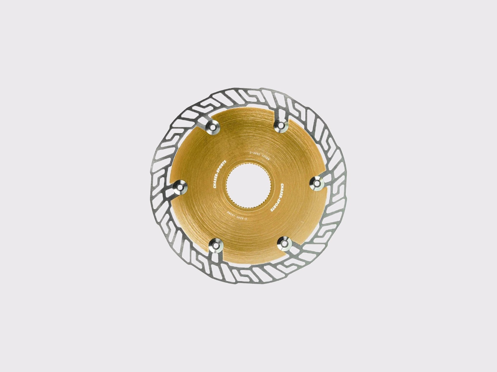 Disque de frein CHASER 0-AERO 160mm. Noyau aérodynamique en aluminium 7075 T6 or et piste en acier inoxydable SUS420. Interface Centerlock. (Or)