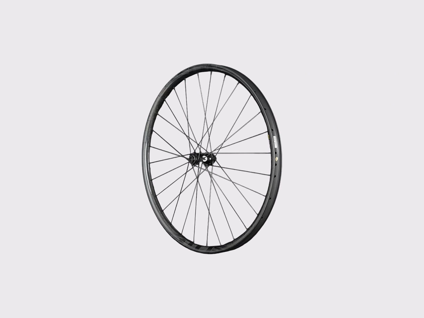 Roue avant carbone VTT Elitewheels Pro36 vue de trois-quarts exposant le moyeu Pro, l'interface de disque et le perçage renforcé de la jante.