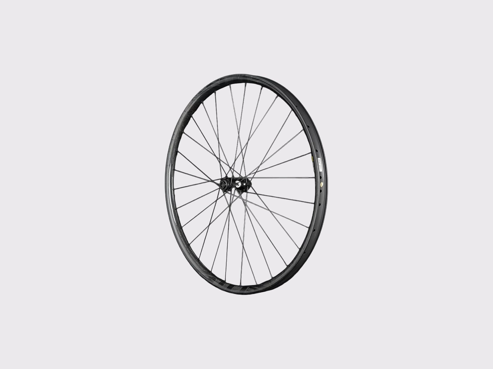 Roue avant carbone VTT Elitewheels Pro36 vue de trois-quarts exposant le moyeu Pro, l'interface de disque et le perçage renforcé de la jante.