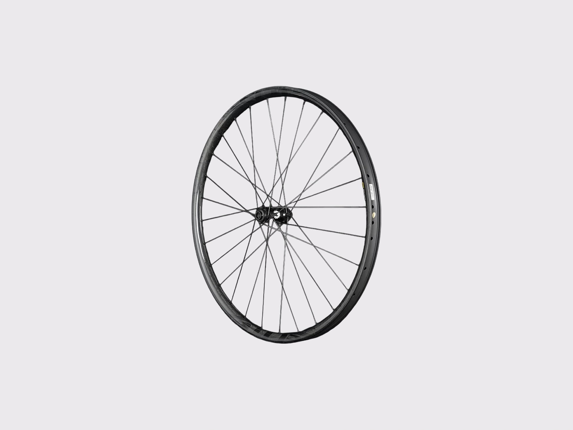 Roue avant carbone VTT Elitewheels Pro36 vue de trois-quarts exposant le moyeu Pro, l'interface de disque et le perçage renforcé de la jante.
