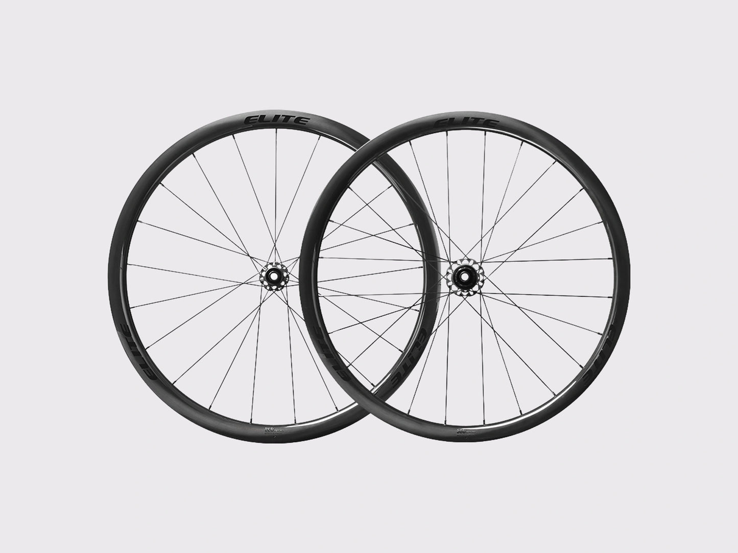 Paire de roues carbone route Elitewheels Marvel II 36D avant et arriere positionnees de face (Noir) (36 mm)