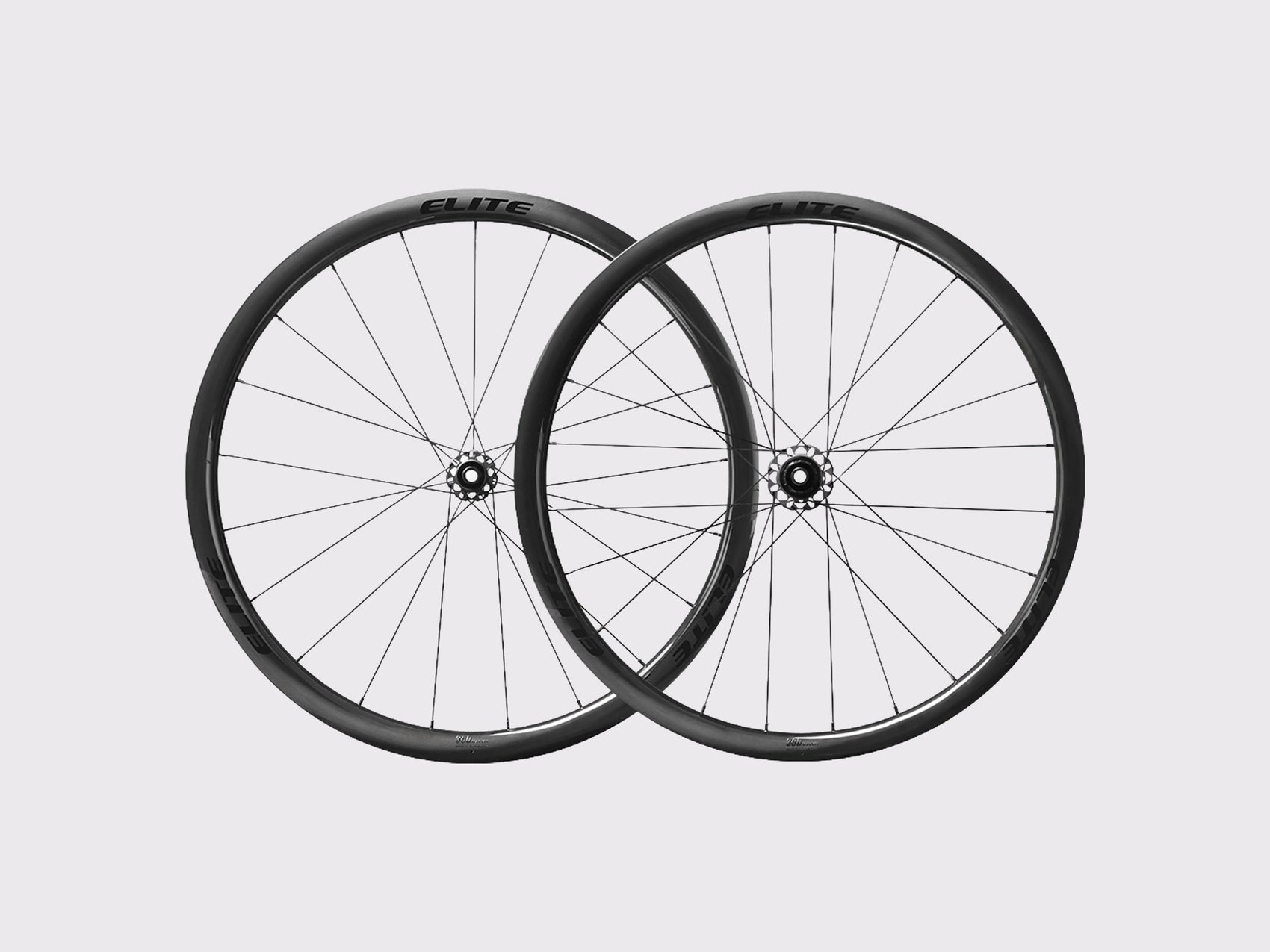 Paire de roues carbone route Elitewheels Marvel II 36D avant et arriere positionnees de face (Noir) (36 mm)