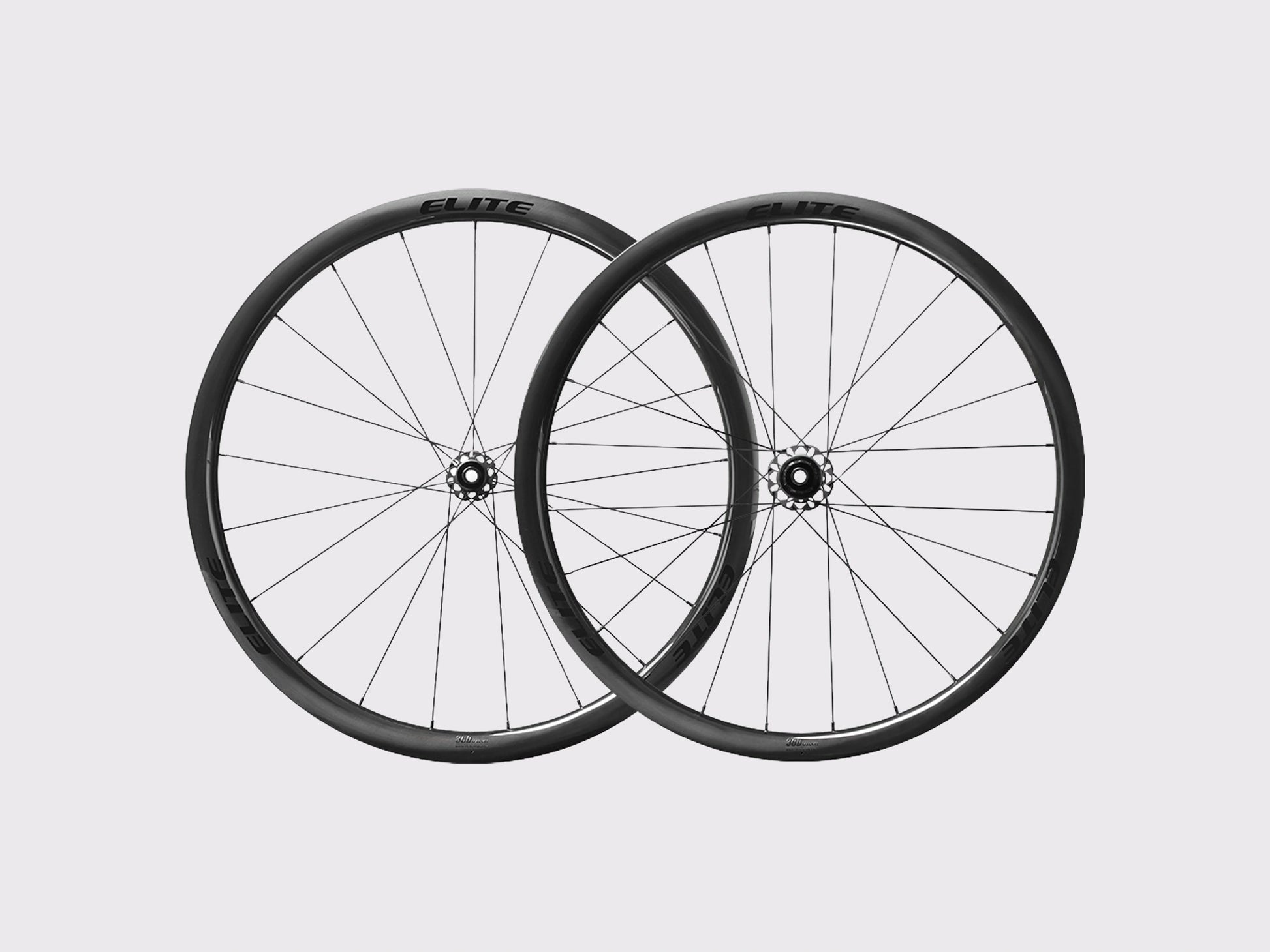 Paire de roues carbone route Elitewheels Marvel II 36D avant et arriere positionnees de face (Noir) (36 mm)