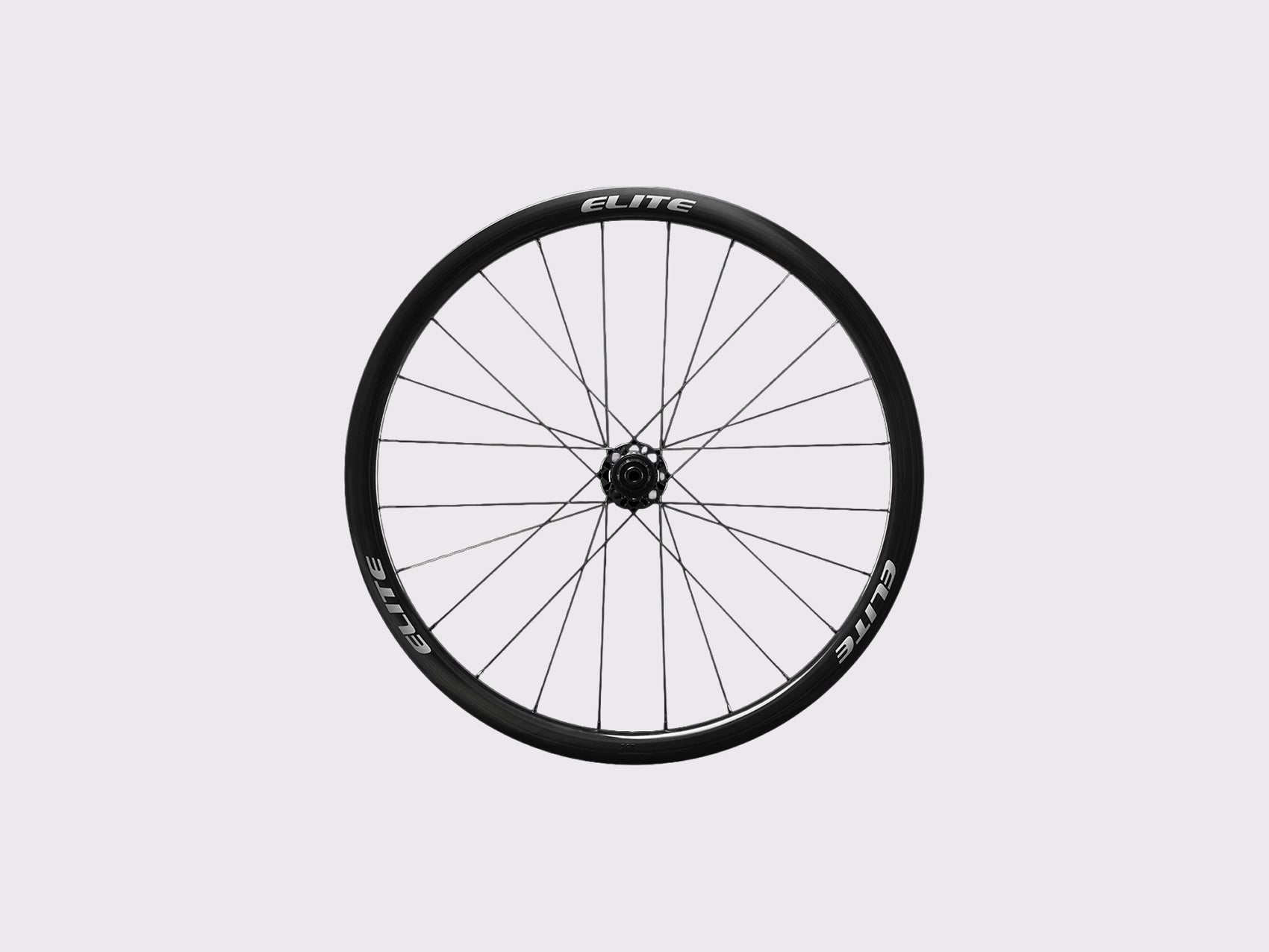 Roue arriere carbone Elitewheels Marvel II 36D de face avec marquage blanc argent et fixations de disque Center Lock (Argent) (36 mm)