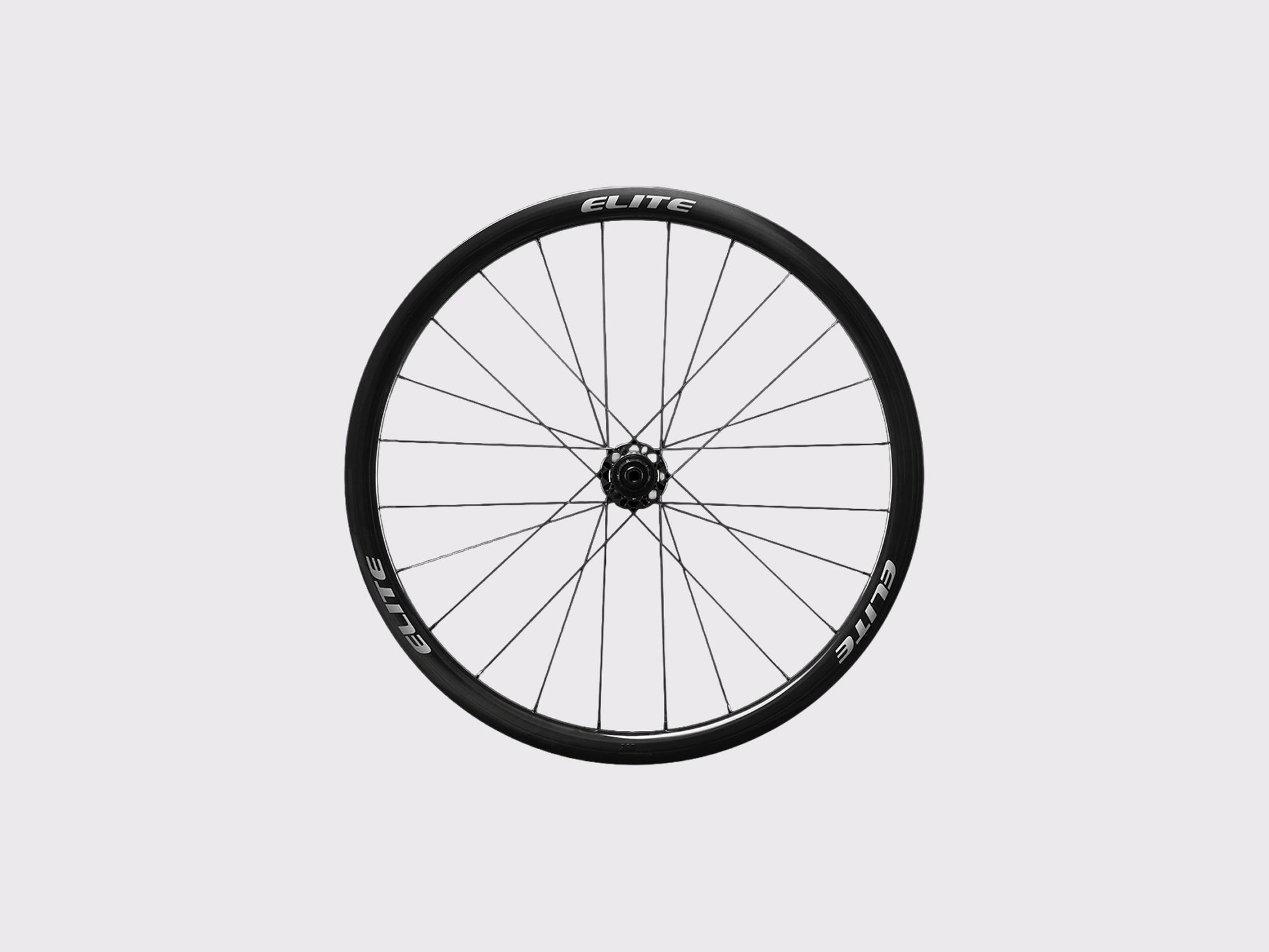 Roue arriere carbone Elitewheels Marvel II 36D de face avec marquage blanc argent et fixations de disque Center Lock (Argent) (36 mm)