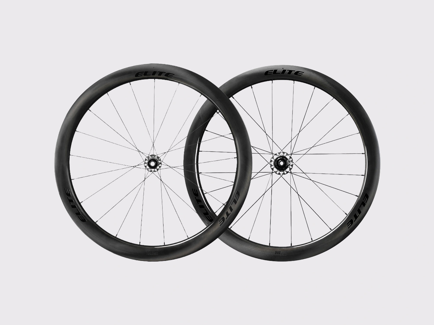Paire de roues carbone route Elitewheels Marvel II 50D avant et arriere positionnees de face (Noir) (50 mm)