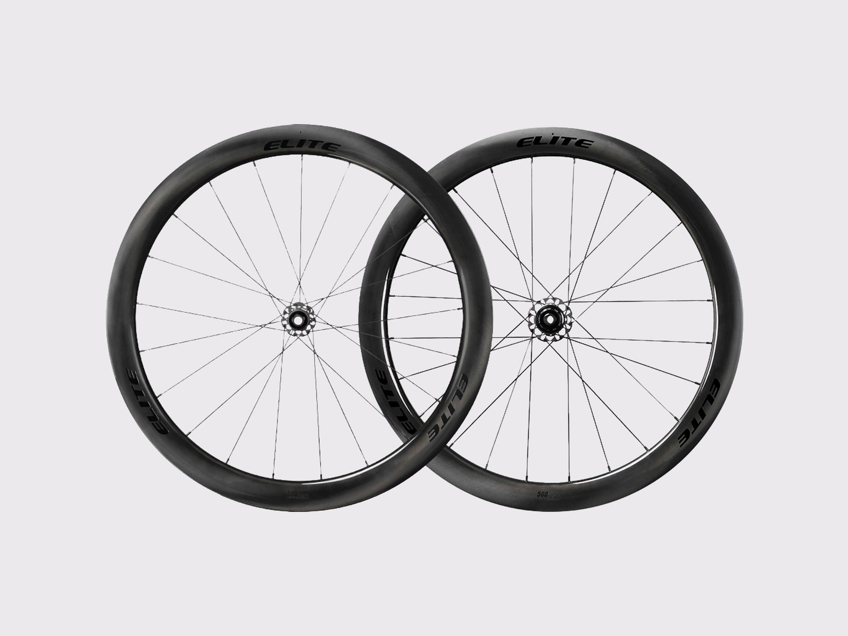 Paire de roues carbone route Elitewheels Marvel II 50D avant et arriere positionnees de face (Noir) (50 mm)