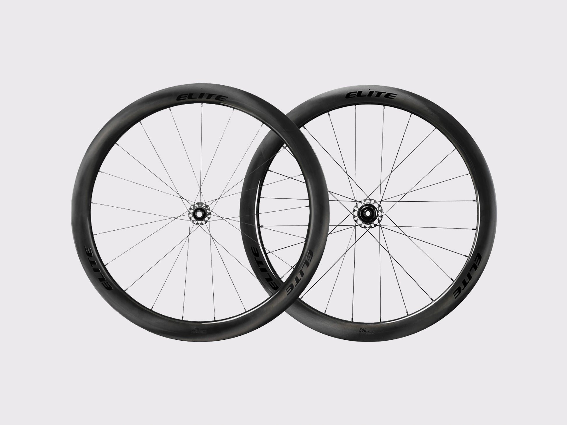 Paire de roues carbone route Elitewheels Marvel II 50D avant et arriere positionnees de face (Noir) (50 mm)