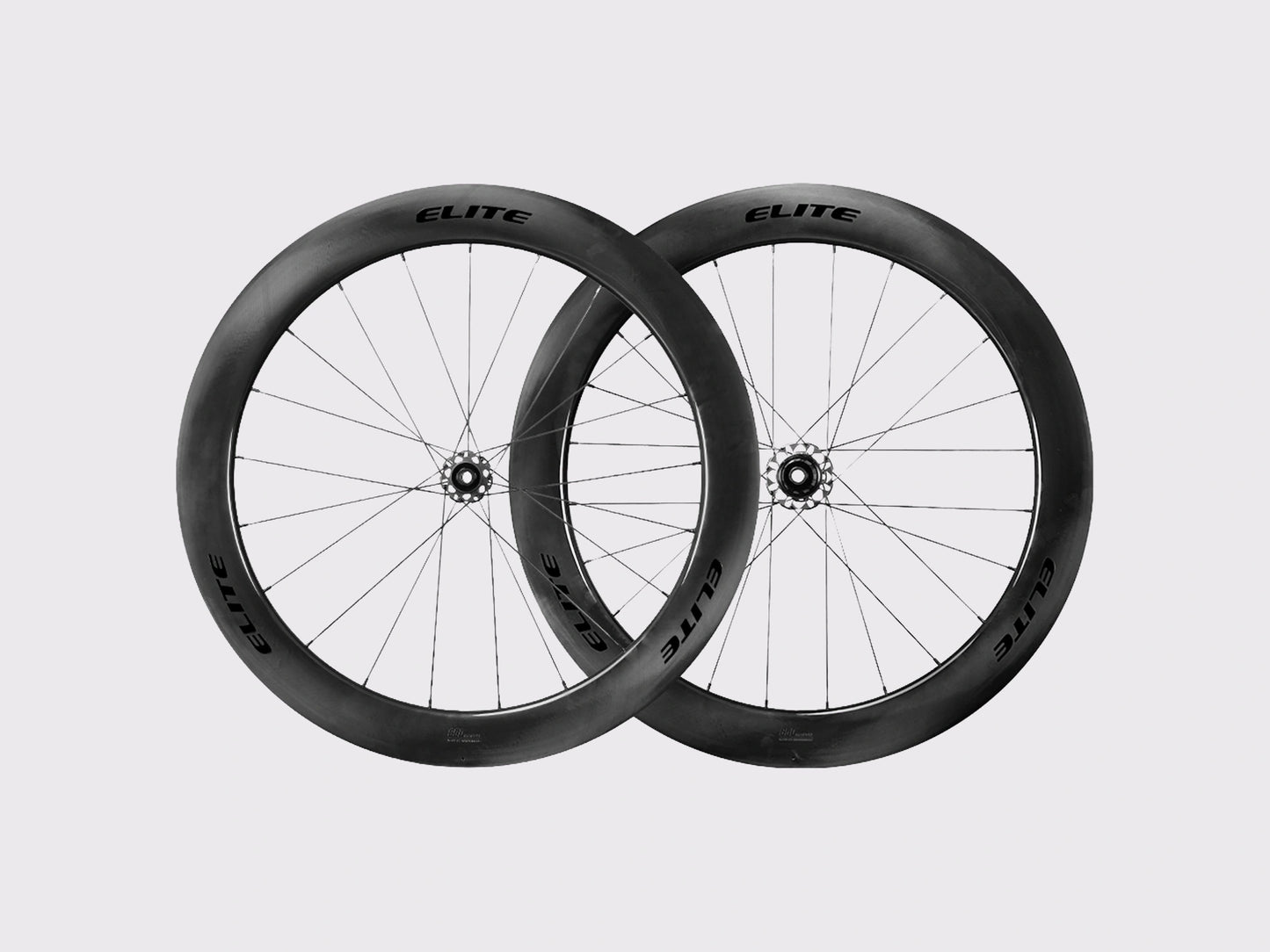 Paire de roues carbone route Elitewheels Marvel II 65D avant et arriere positionnees de face (Noir) (65 mm)