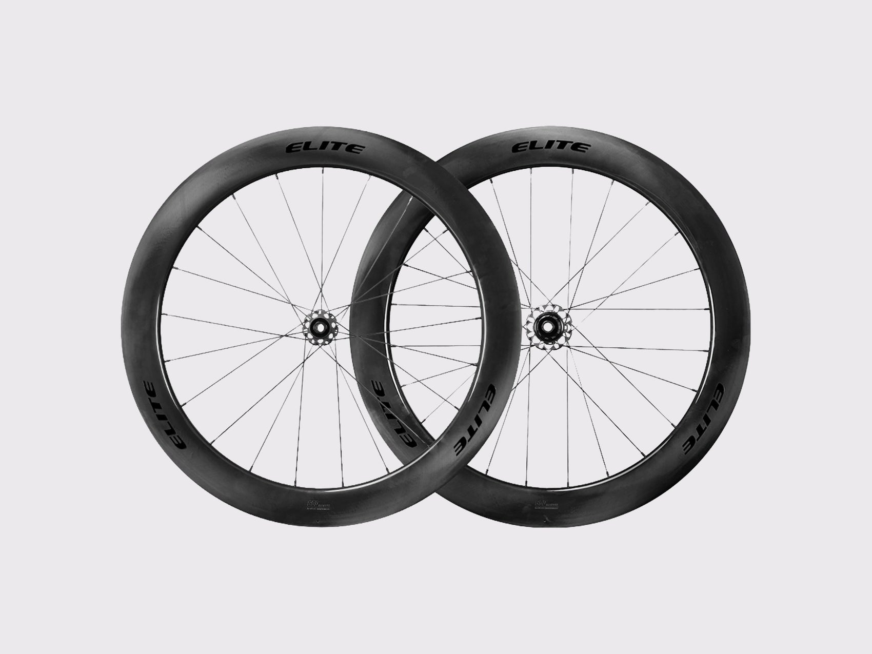 Paire de roues carbone route Elitewheels Marvel II 65D avant et arriere positionnees de face (Noir) (65 mm)