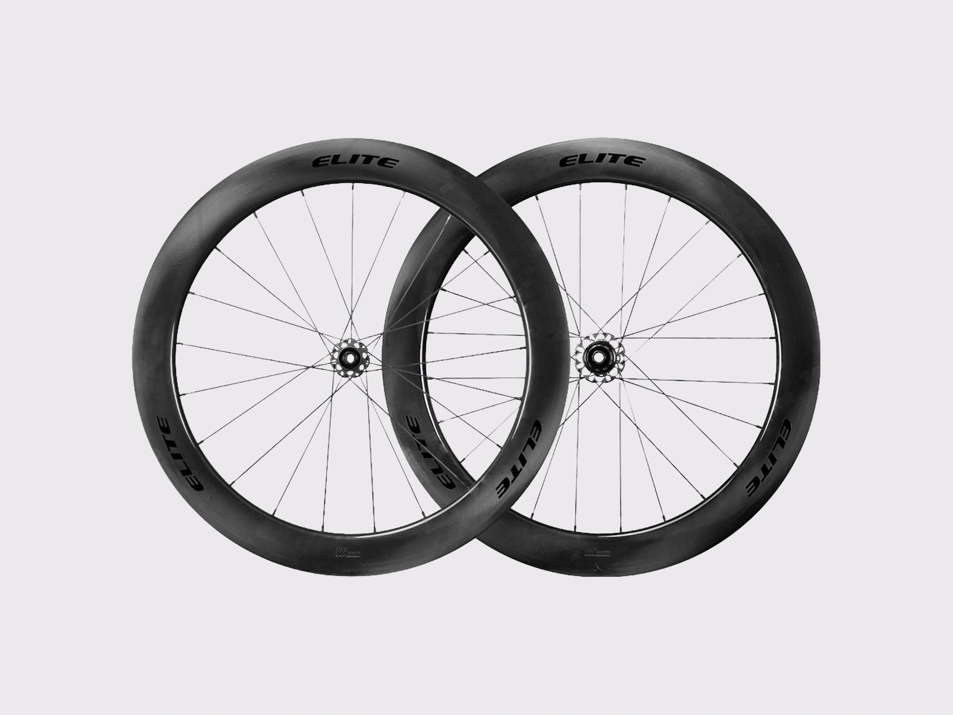 Paire de roues carbone route Elitewheels Marvel II 65D avant et arriere positionnees de face (Noir) (65 mm)