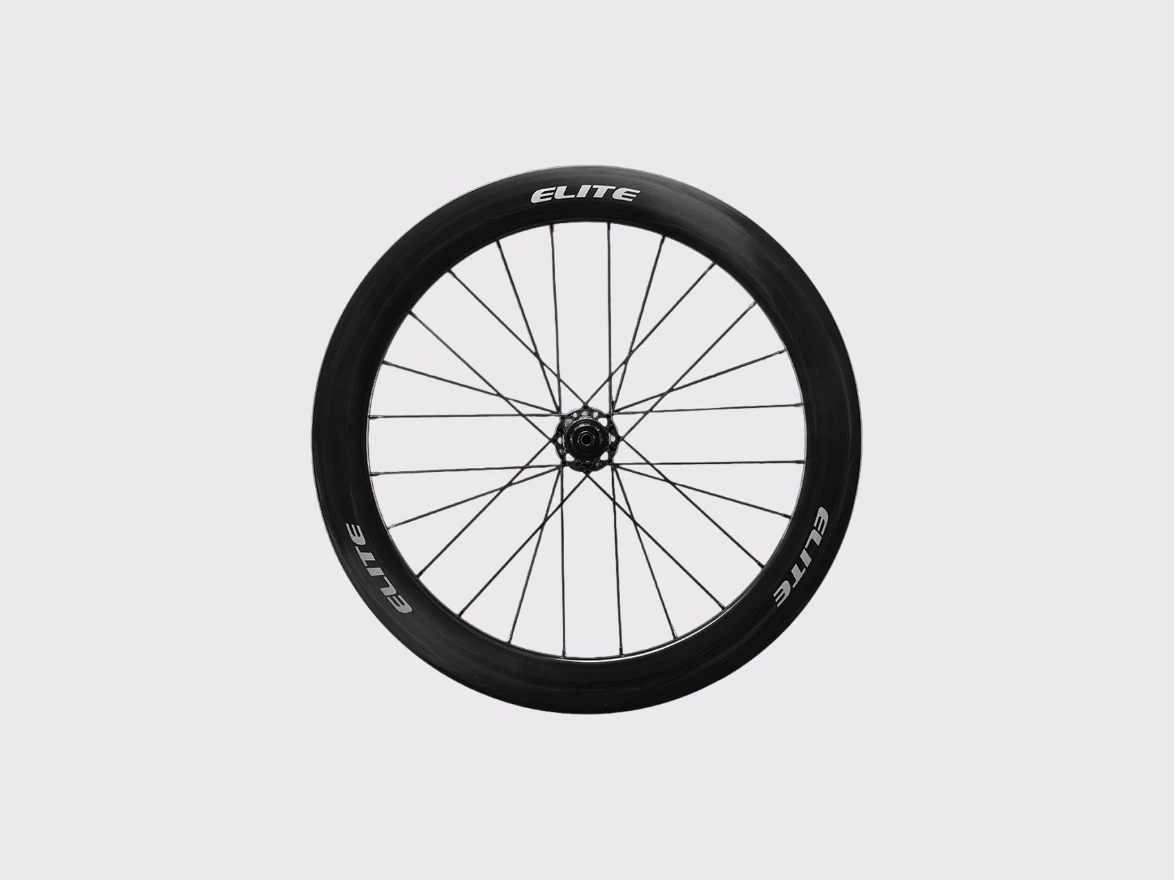 Roue arriere carbone Elitewheels Marvel II 65D de face avec marquage blanc argent et fixations de disque Center Lock (Argent) (65 mm)