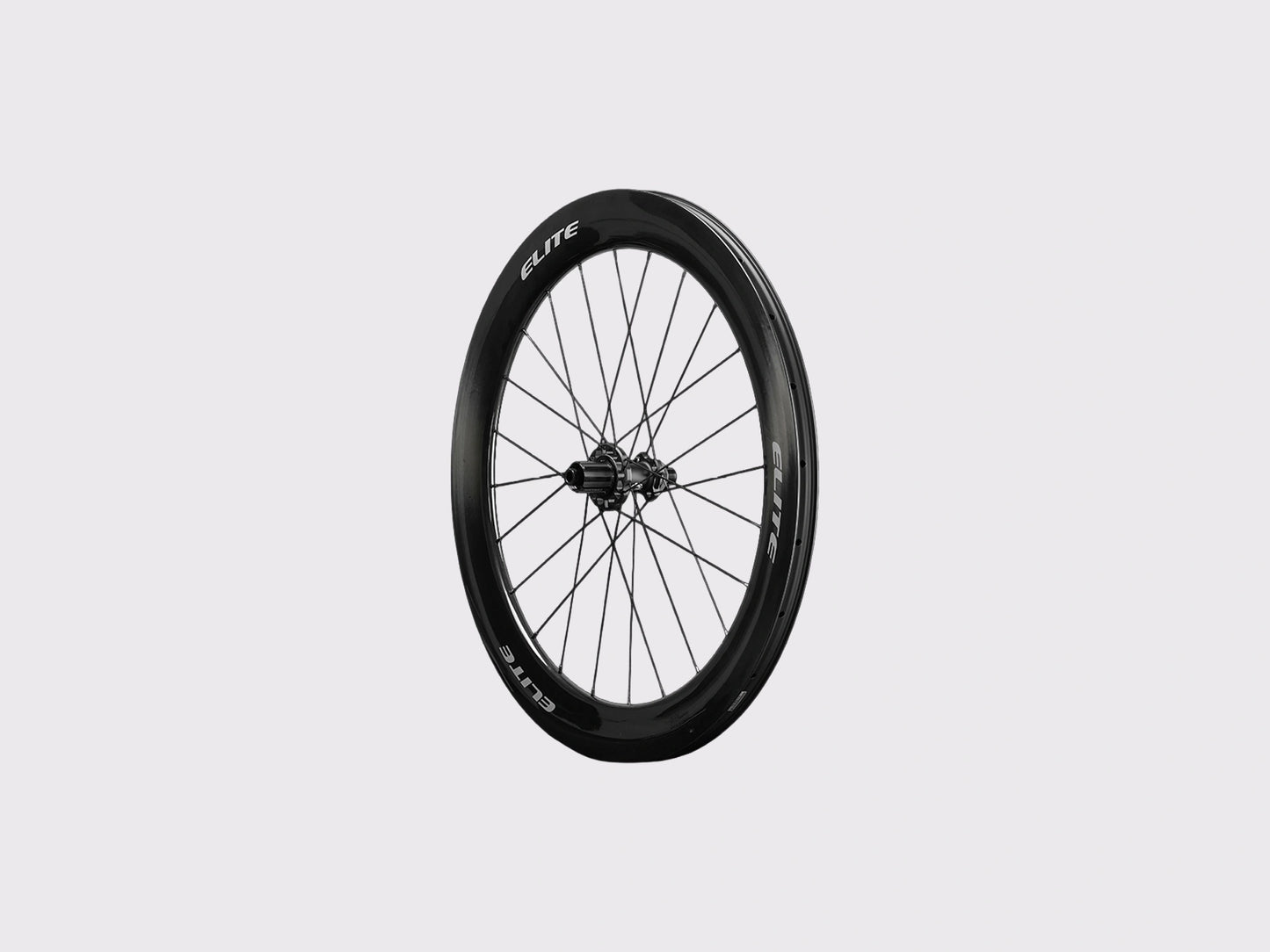 Roue arriere carbone Elitewheels Marvel II 65D de face avec marquage blanc argent et fixations de disque Center Lock (Argent) (65 mm)