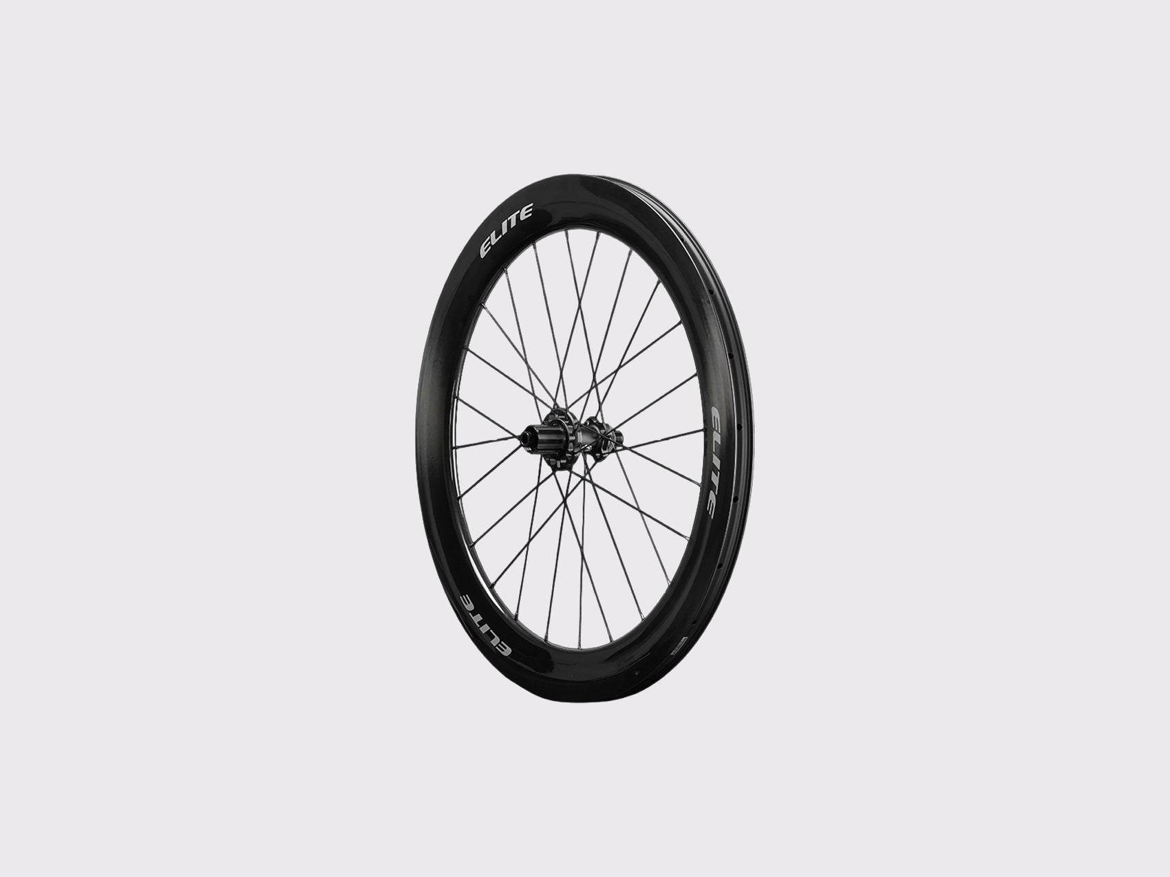 Roue arriere carbone Elitewheels Marvel II 65D de face avec marquage blanc argent et fixations de disque Center Lock (Argent) (65 mm)
