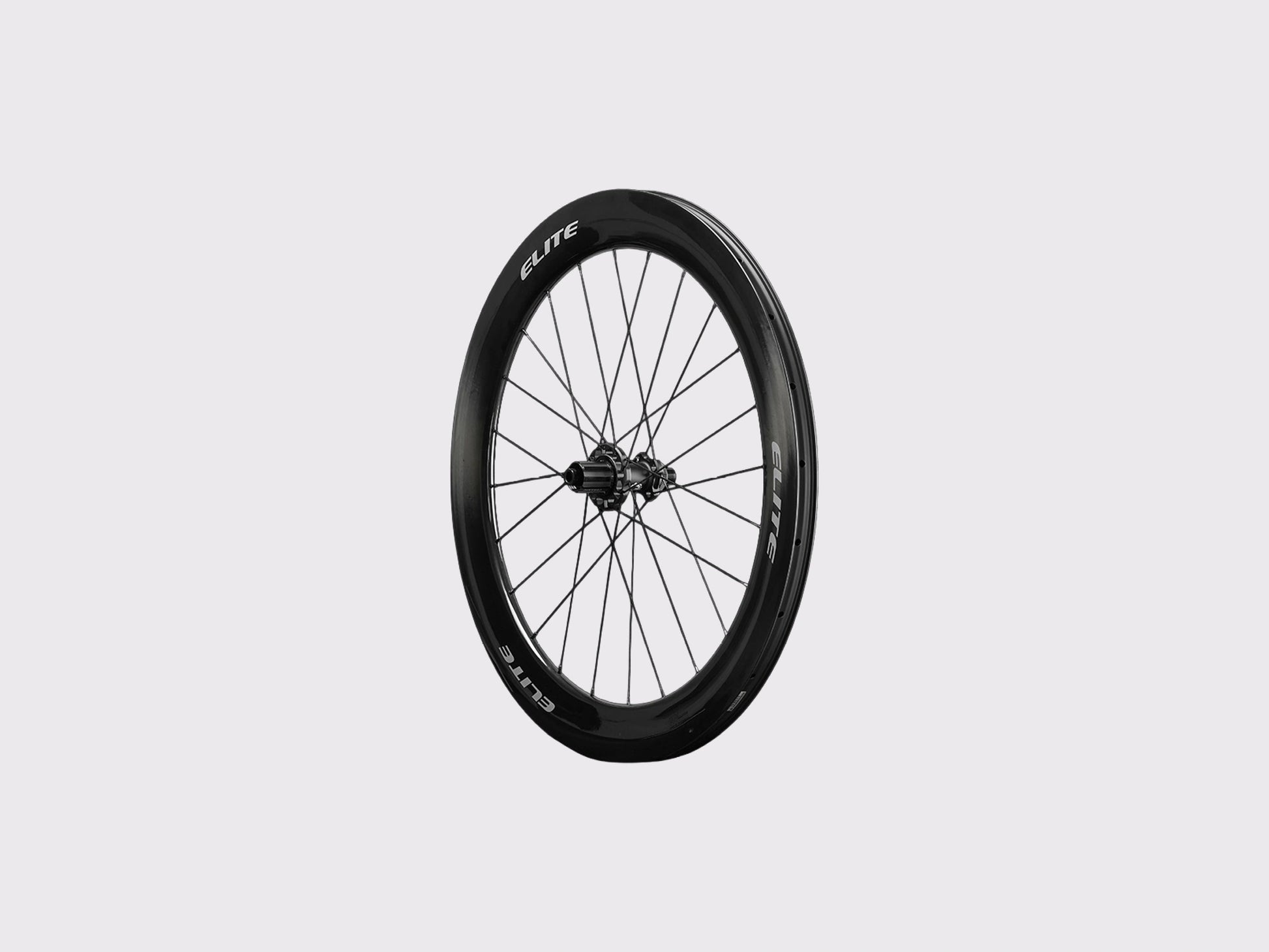 Roue arriere carbone Elitewheels Marvel II 65D de face avec marquage blanc argent et fixations de disque Center Lock (Argent) (65 mm)