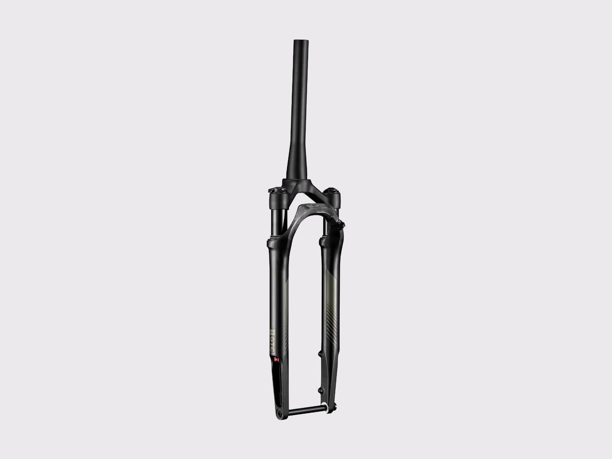 Vue latérale complète de la fourche suspendue gravel KS GTC, mettant en avant le pivot conique en aluminium et le châssis noir anodisé.