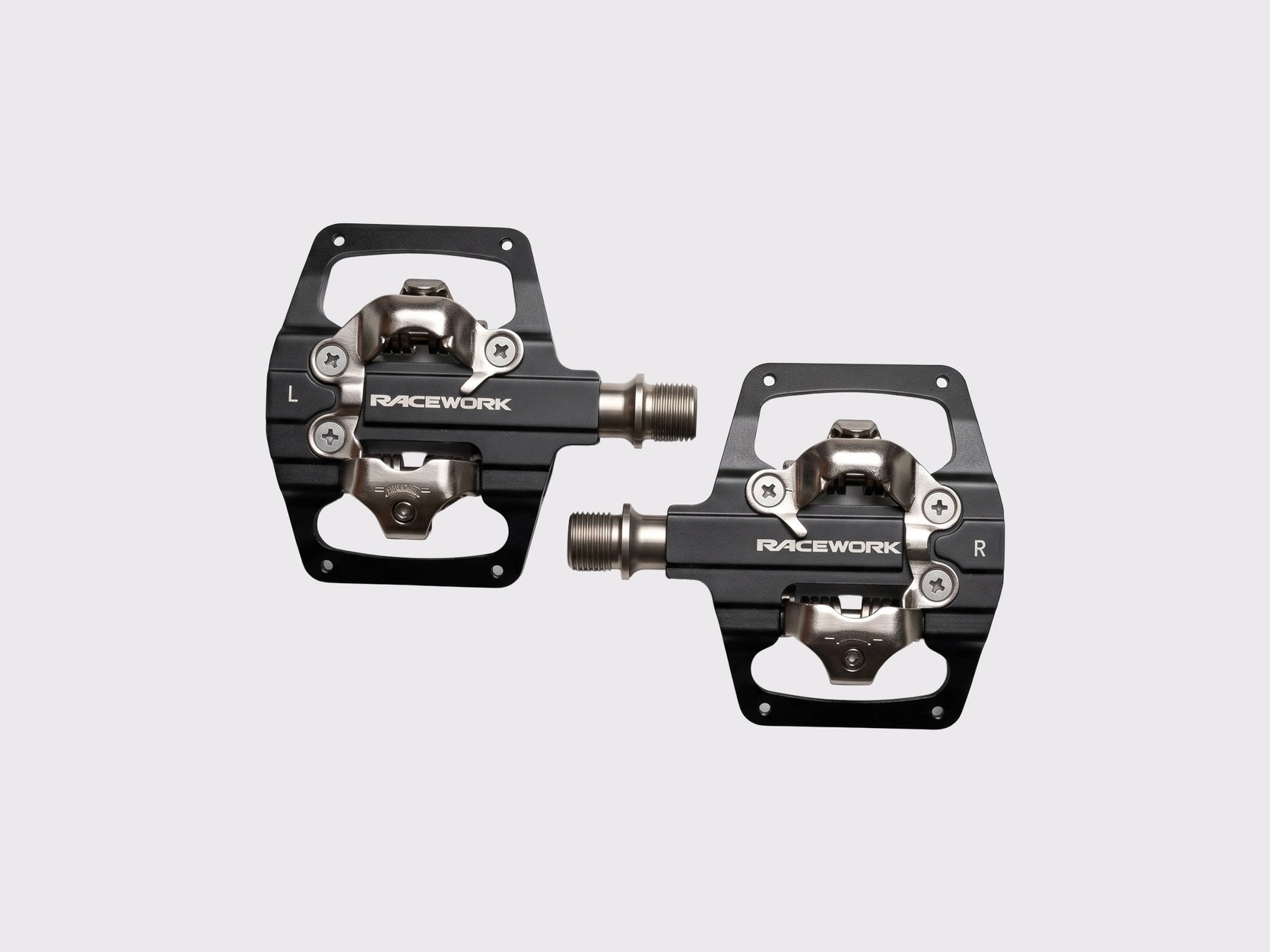 Pédales mixtes Racework SPD-Plate, vue de l'interface automatique avec mécanisme de rétention compatible standard Shimano SPD.