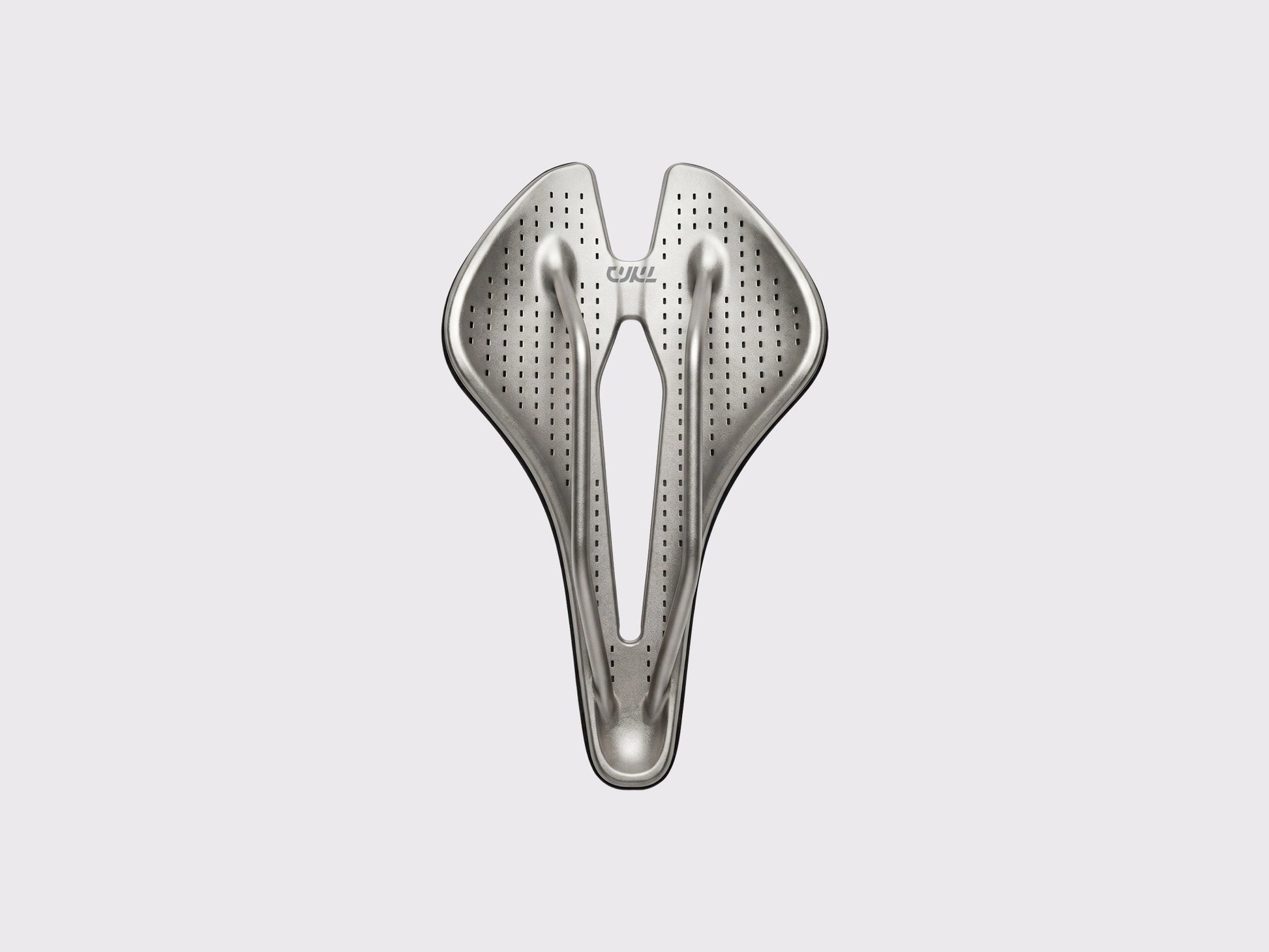 Selle Titane CYKL ERGO 3D Ti : vue de dessous du châssis monocoque en titane avec rails intégrés, issu d'une impression 3D titane par fusion laser.